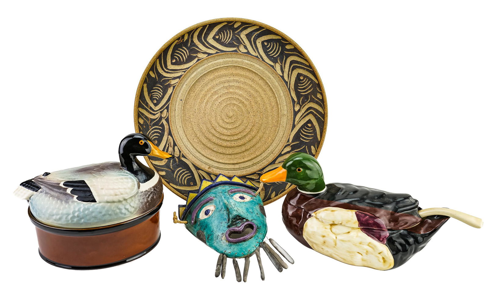 Mid Century Art Pottery: Large earthenware platter signed Conti, one duck shaped soup bowl, oven crock with duck topper, mid-century ceramic carnival mask.