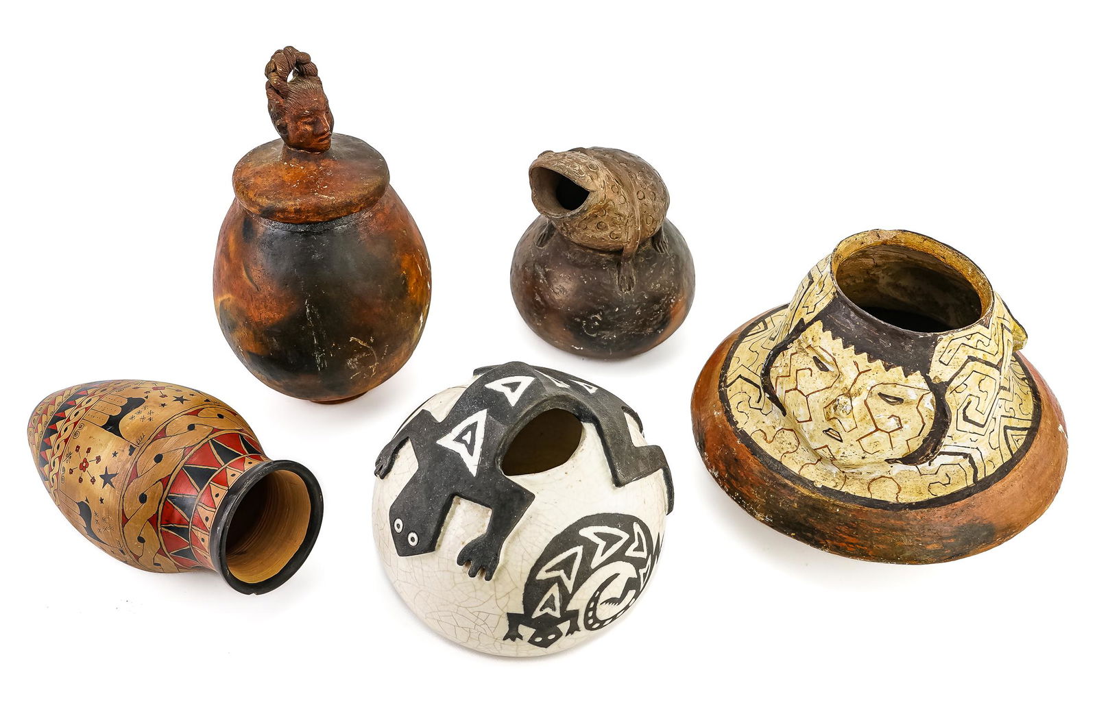 Five Pieces of Earthenware Pottery: Five pieces of handmade earthenware pottery of various designs. American Indian urn design with sculpted head, signed Sally Hicks, New Mexican modern pot with Gecko decoration, signed illegibly. Clay