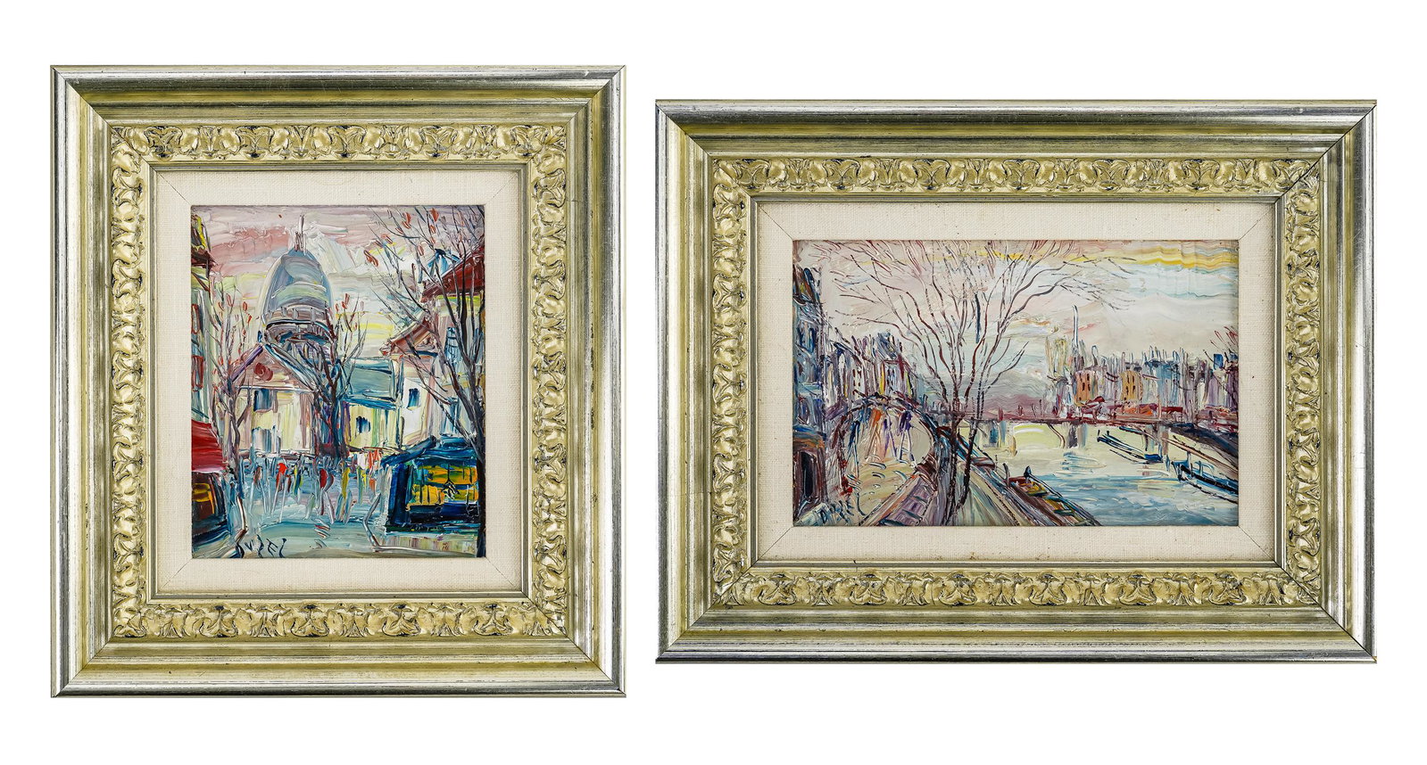 Abstract Street Scenes: Two oil on canvas abstract impasto paintings depicting street scenes, one depicting neoclassical domed building, one depicting river. Signed illigibly. 9"x9.75", 11"x9"
