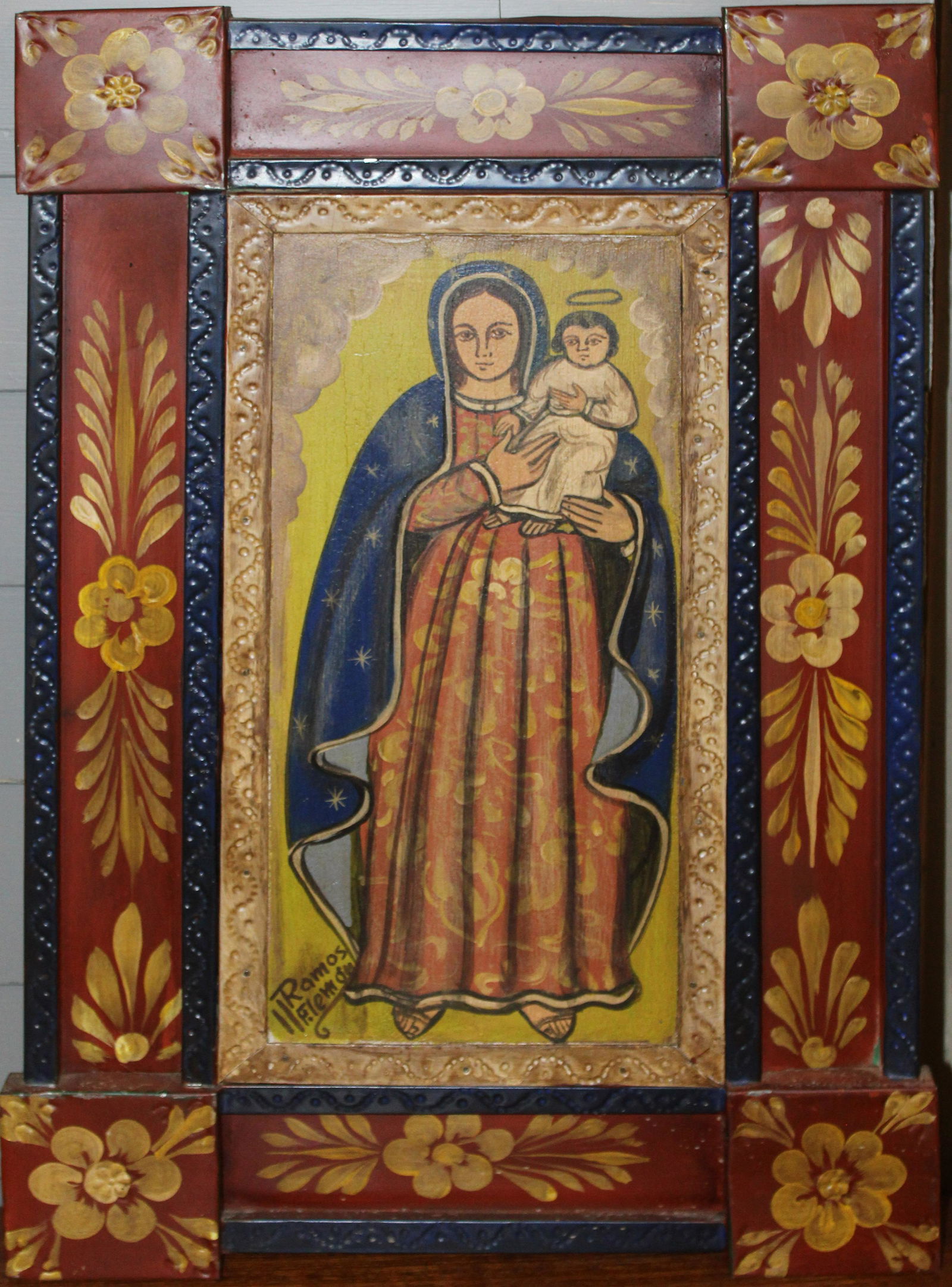 Ramos Filimon "Virgin Del Rosario": Virgin Del Rosario" retablo by Ramos Filemon, Mexican contemporary artist, hand painting on tin, with stamping, depicting Virgin Mary with Christchild. Signed lower left, titled on back. 15"x 23.5