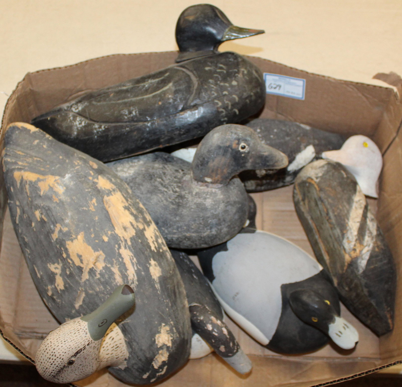 Carved Wooden Duck decoys: Carved wooden duck decoys (6 pcs), various carvers- all working birds, lengths to 15"