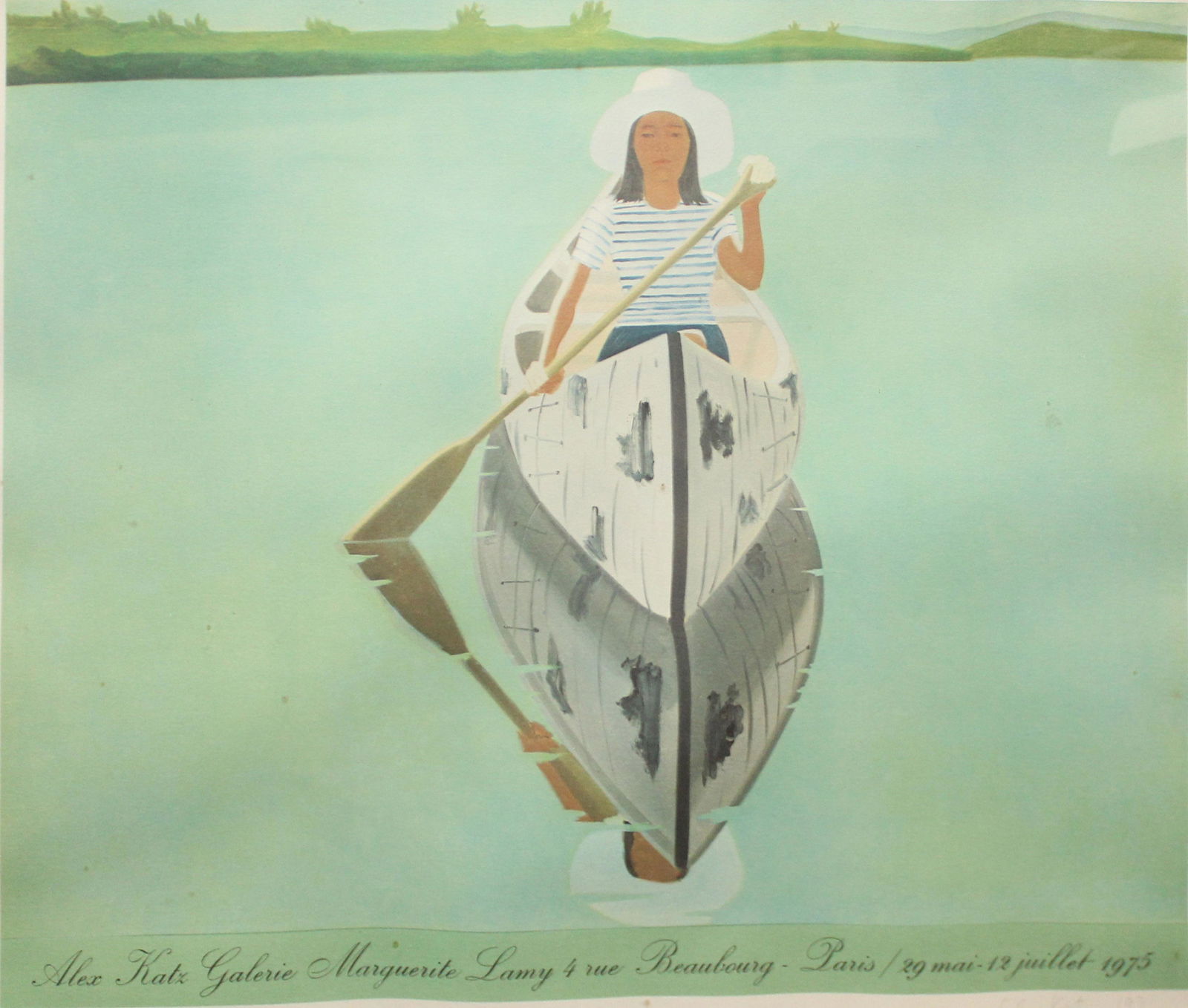 Alex Katz (NY 1927-) Galerie Marguerite Poster: Alex Katz serigraph poster, signed in pencil lower right, text reads "Alex Katz Galerie Marguerite Lamy 4 rue Beaubourg - Paris / 29 mai-12 juillet 1975", depicting woman in birchbark canoe on lake. 2