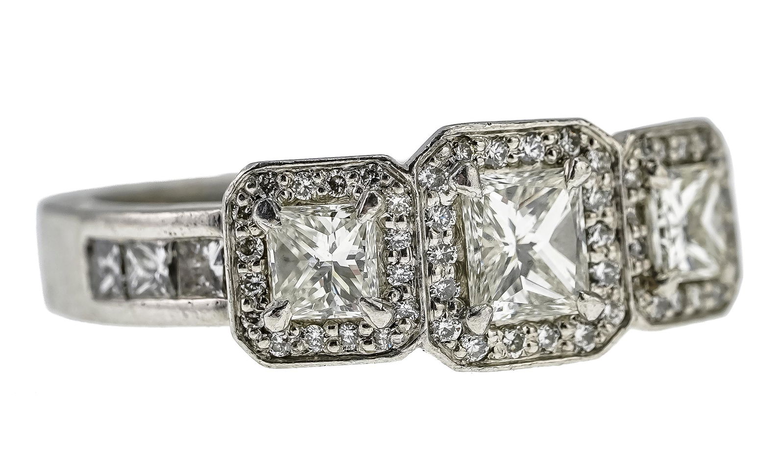 Platinum & Diamond 3 Stone Ring: Fine platinum and 1.6 ct.t.w. diamond princess cut 3 stone ring with melee. Center princess cut diamond approx. 1/2 ct, VS-1, J. Two side princess cut diamonds 1/4 ct VS-2, I. Each stone with halo dia
