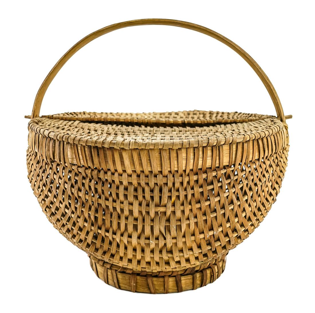 19th c Appalachian Buttocks Basket: 19th c Appalachian buttocks basket, Kentucky or eastern Tennessee, with two lids and applied ring base, lids fastened with two wooden pegs on each side, square nailed construction, minor losses to wra