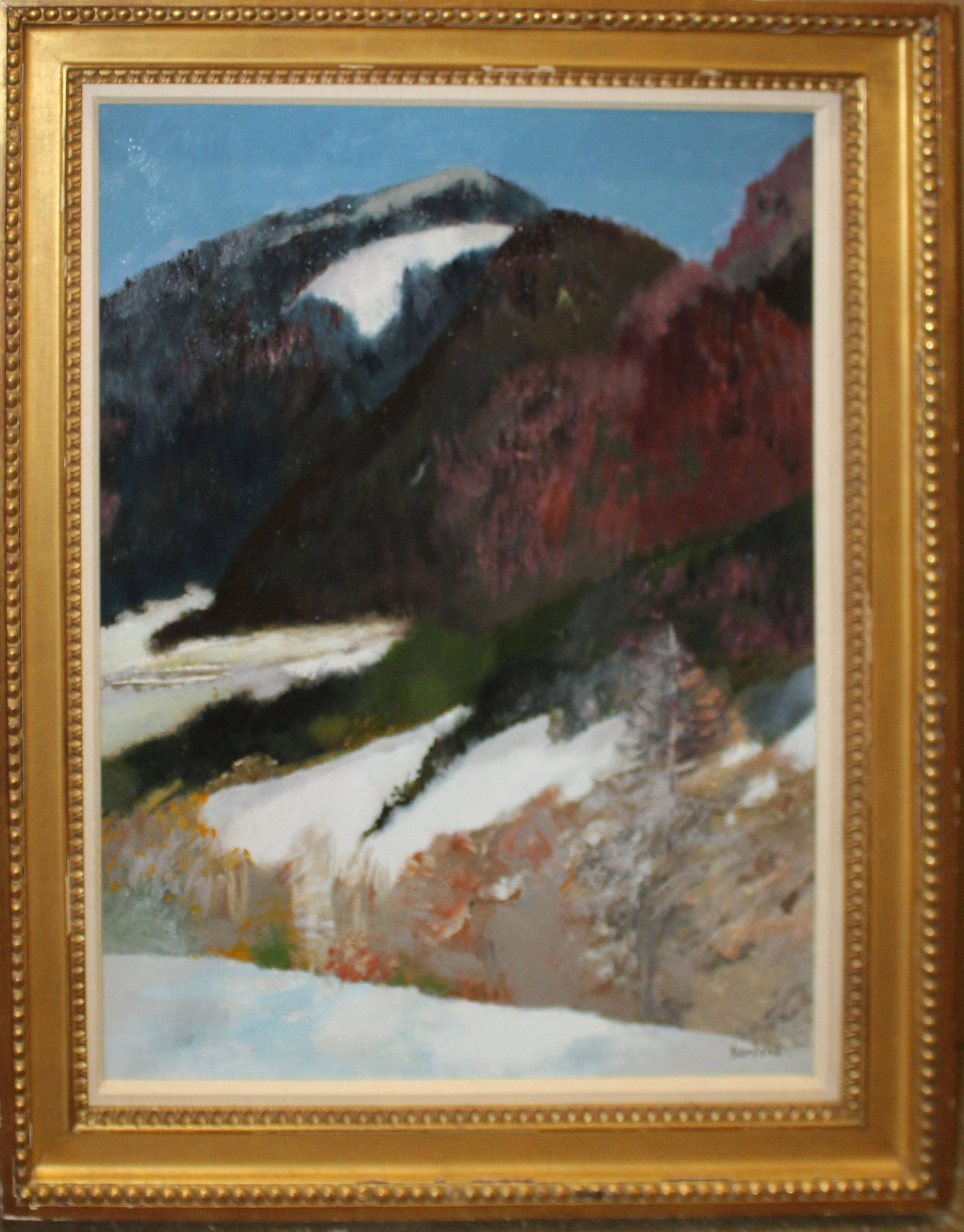 Guy Bardone (Fr 1927-2015) Neige aux feuilles rousses: Guy Bardone (French 1927-2015) Neige aux feuilles rousses oil on canvas signed lower right 30 x 21" 35 x 27" as framed. Ex David Findlay NYC