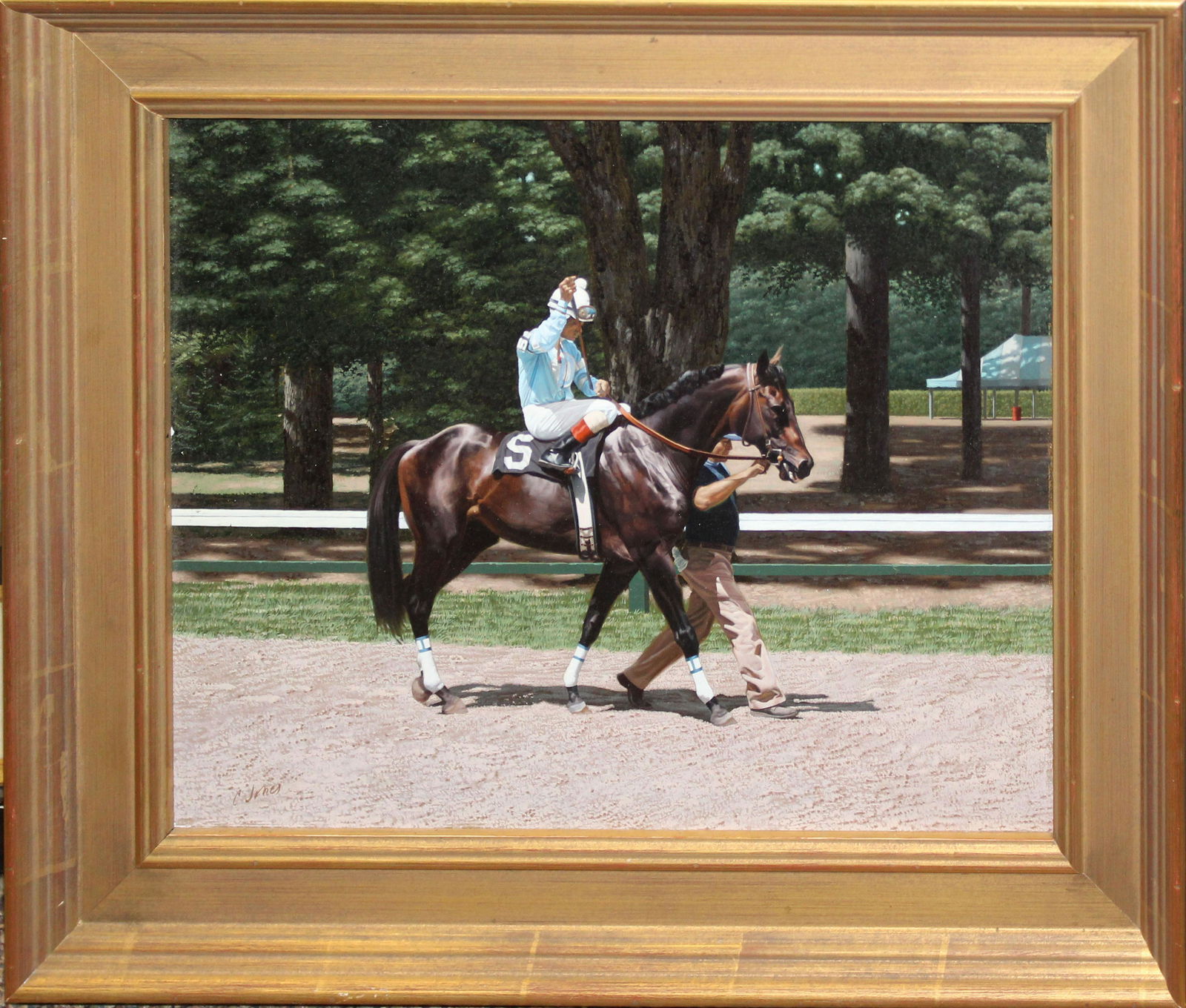 Carroll N. Jones (VT 1917-2007): Carroll N. Jones (Vermont 1917-2007) Dedicated Rullah Saratoga egg tempera on panel hyper-realistic equestrian painting signed lower left 11 x 13" 15 x 18" as framed.