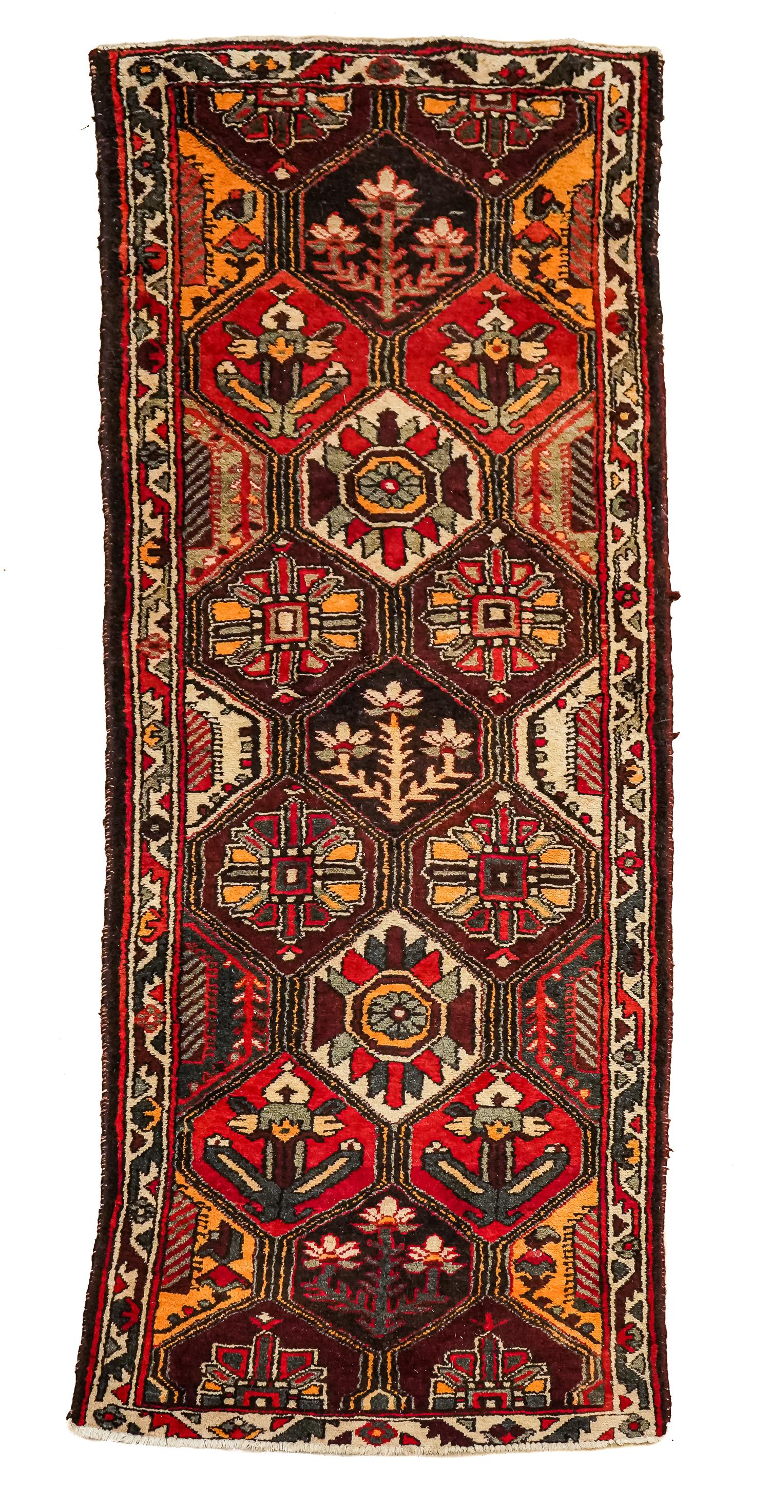 Mid 20th c Persian Runner: Mid 20th c Persian runner, Shaw of Iran era cloth label, some edge wear/ losses, 3'7" x 9' 3"