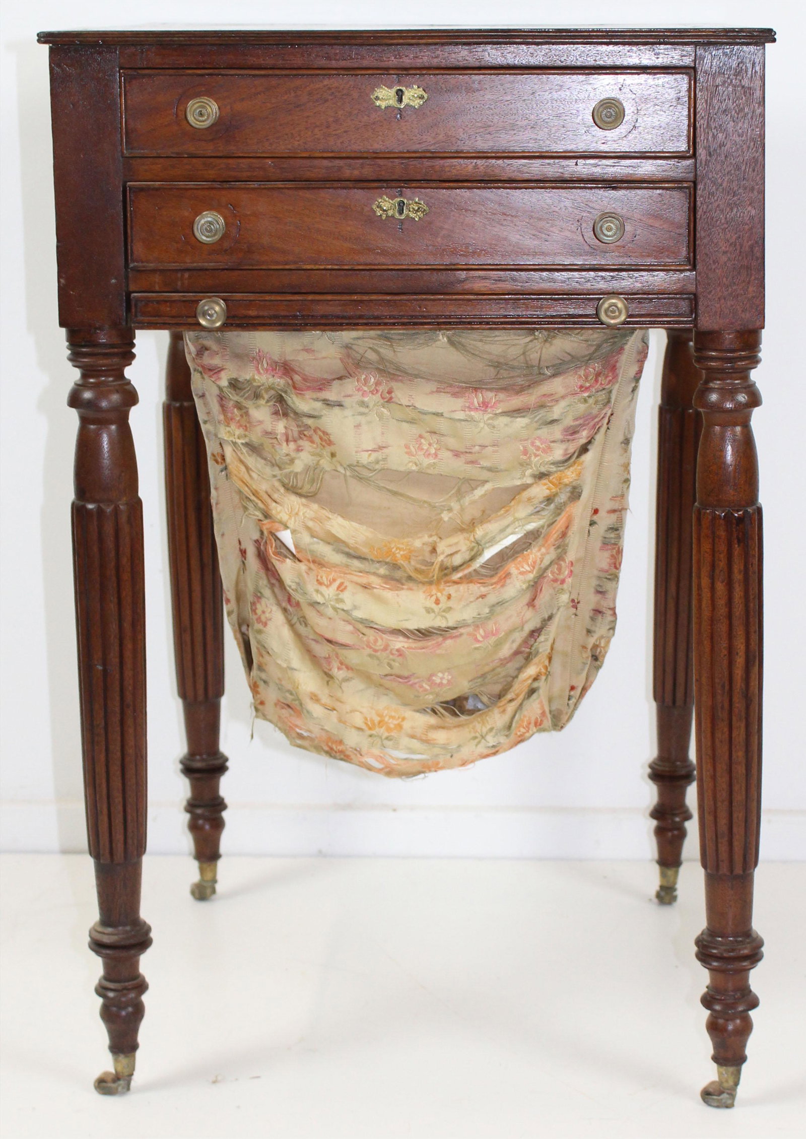 Early 19th c Sheraton Mahogany Sewing Stand: Early 19th c Sheraton 2 drawer mahogany sewing stand, with silk sewing bag, inlaid top, ht 29"