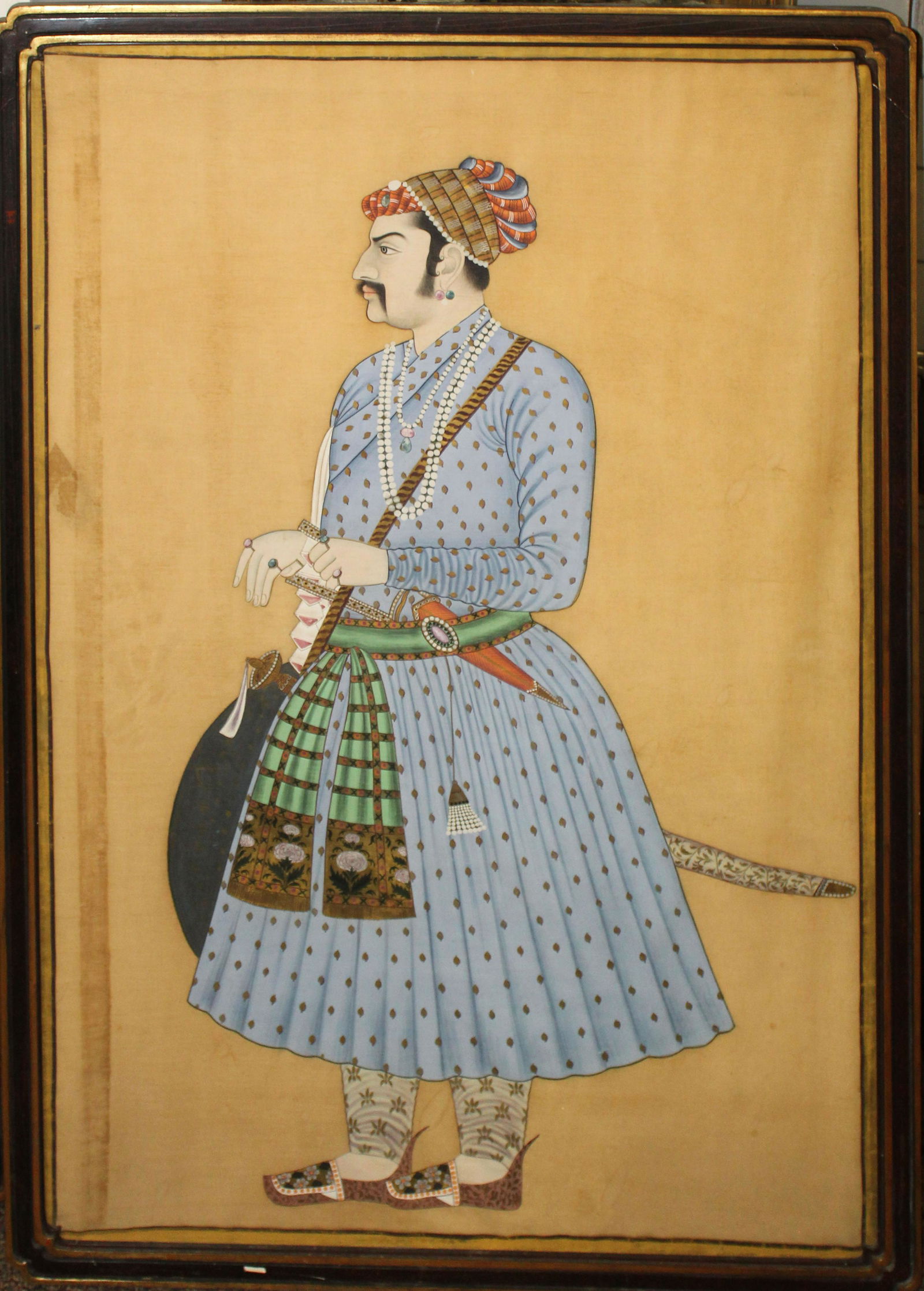 19th C Indian School Mughal Painting of a gentleman: 19th c Indian School Mughal painting of a gentleman tempera on silk 45 x 32" 49 x 35" as framed.