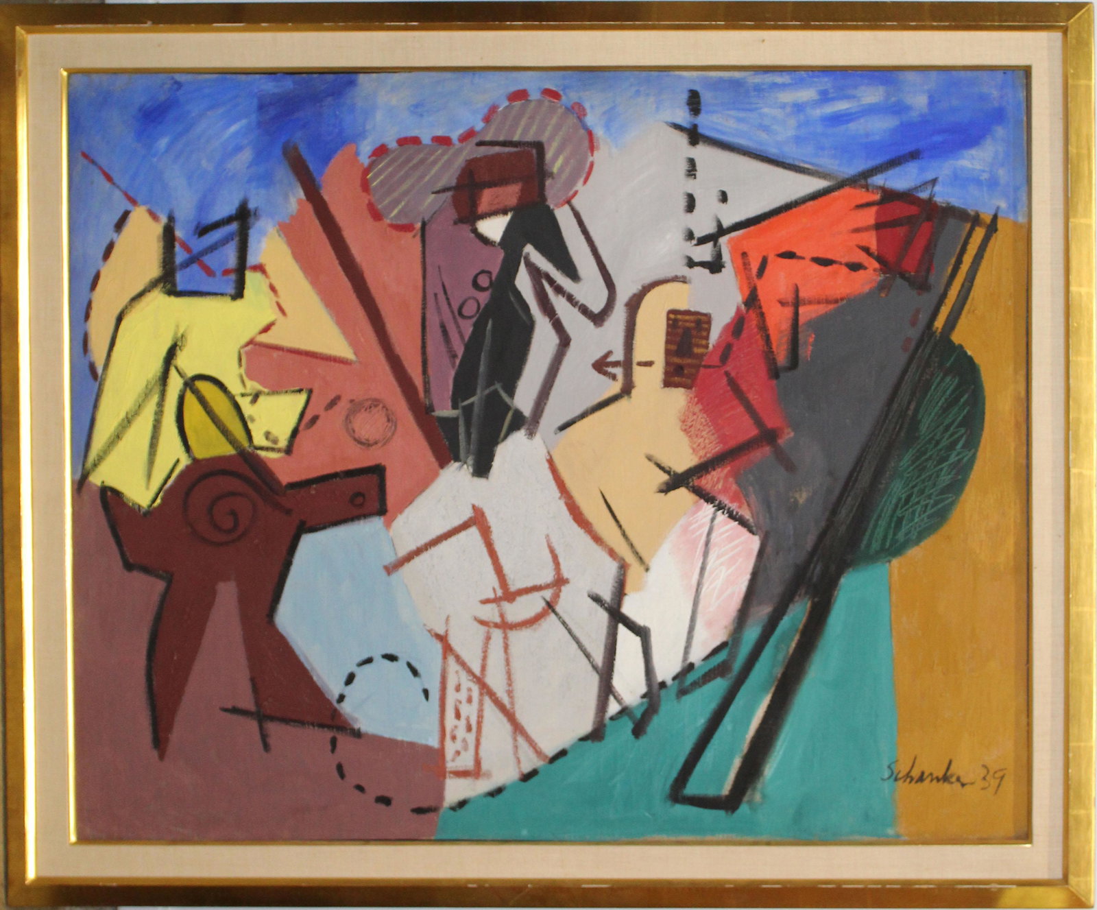 Louis Schanker (AM 1903-1981): Louis Schanker (American 1903-1981) abstract oil on canvas signed lower right dated 1939 36 x 45" 42 x 50" as framed.