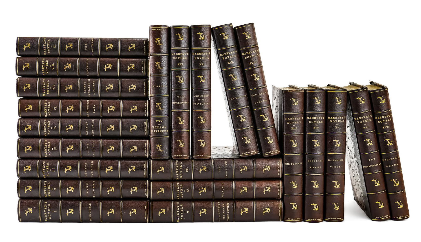 Frederick Marryat 1896 22 Vol. Collection: 22 Volumes of the novels of Captain Frederick Marryat, published by J.M. Dent, 1896, Leather bound with red marbled board, protected frontispieces.