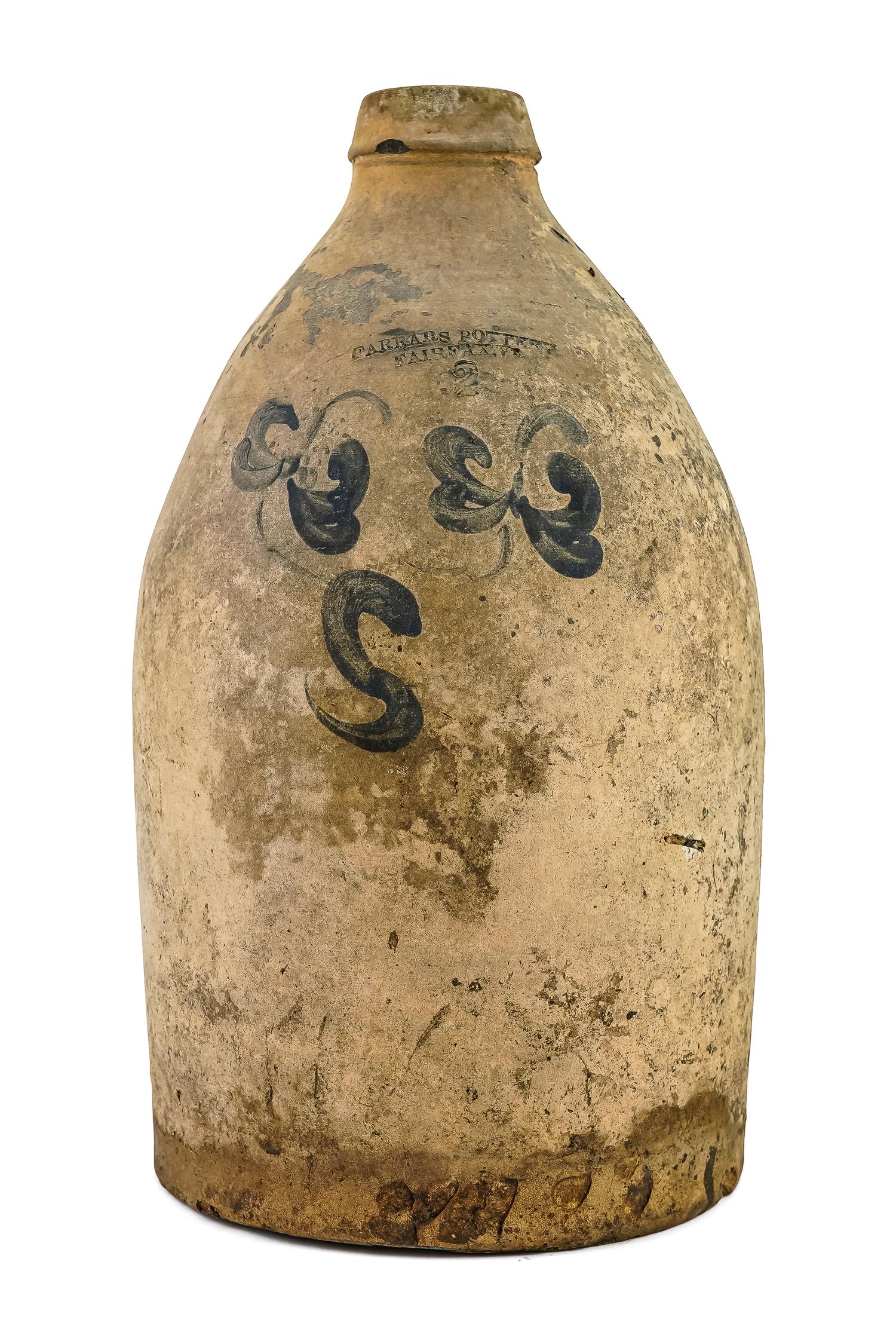 Farrar's Pottery Fairfax, VT Stoneware Jug: Farrar's Pottery, Fairfax, VT 3 gallon blue decorated stoneware jug, slip glaze flaking, ht 15"