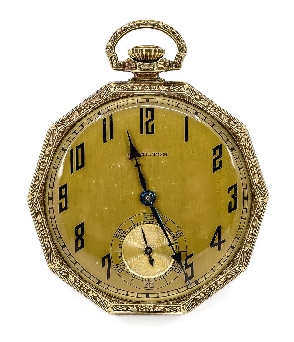 14k Hamilton Pocket Watch: Fine 14k yellow gold octagon open face Hamilton pocket watch. 17 jewel, gold tone face, Arabic numerals, second hand dial, not running. 43 mm case,