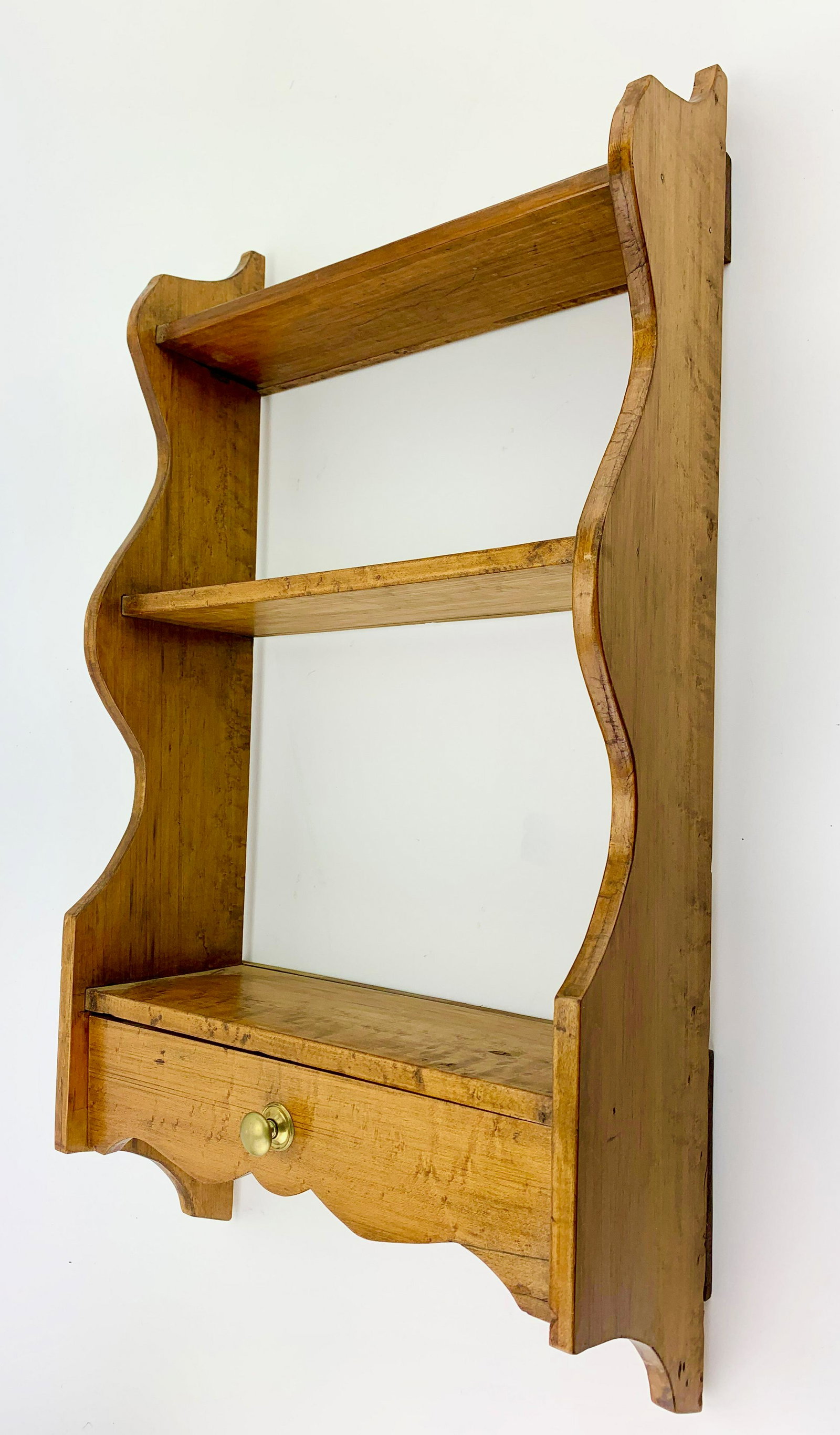 20th c Tiger Maple Wall Shelf: 20th c tiger maple wall shelf with drawer, round nail construction, ht 30", width 15 1/2"