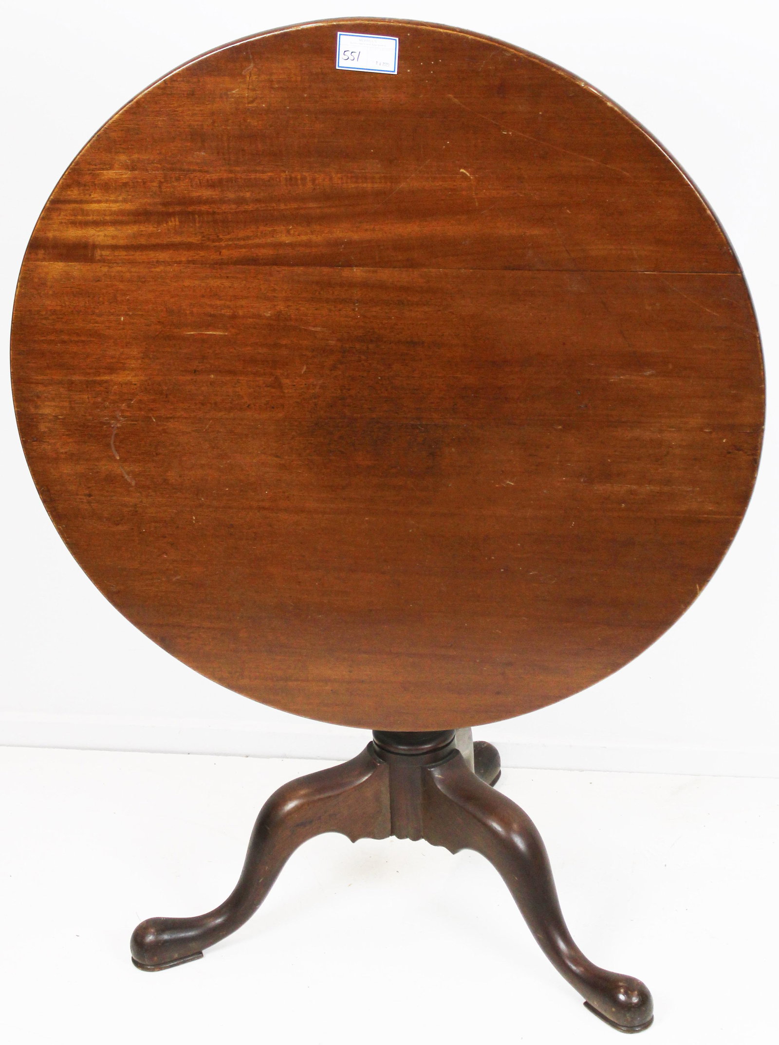 Queen Anne Tilt-top Tea Table: Queen Anne mahogany tilt-top tea table, birdcage, snake feet, top diameter 33", ht 27 1/2"