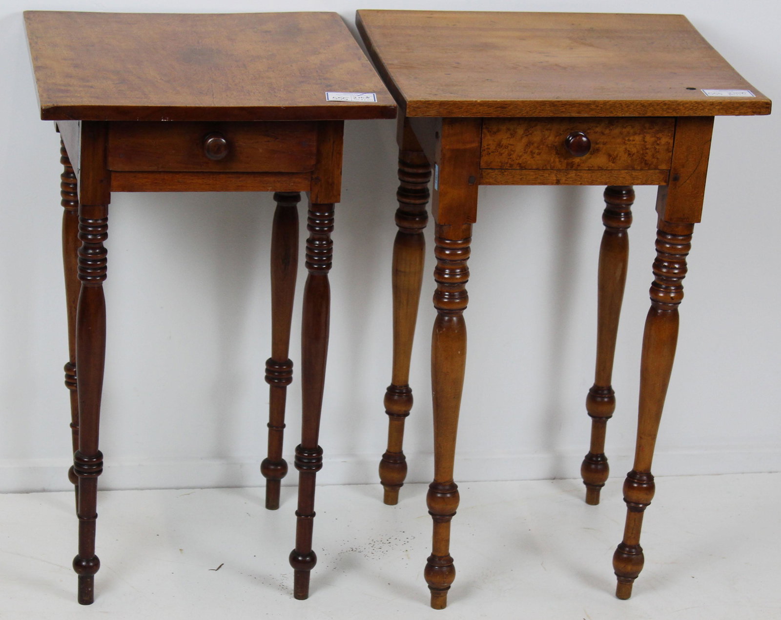 Two 19th c Country One Drawer Stands: Two 19th c Country Sheraton one drawer stands- birch, birdseye maple & cherry, dovetailed construction, hts 29" each
