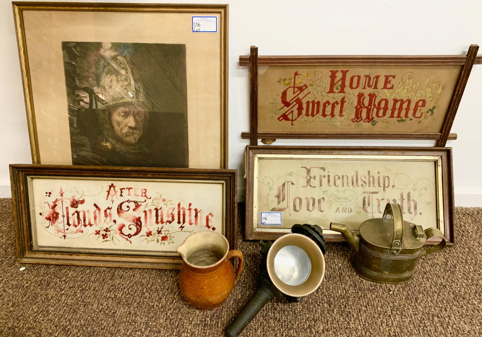 Estate Lot of Asssorted Acessories: Estate lot of assorted antiques. Includes carriage lantern, strand of vintage Christmas lanterns, redware pitcher, copper watering can, aluminium melon mould, aluminium omelette pan, milk glass bowl,