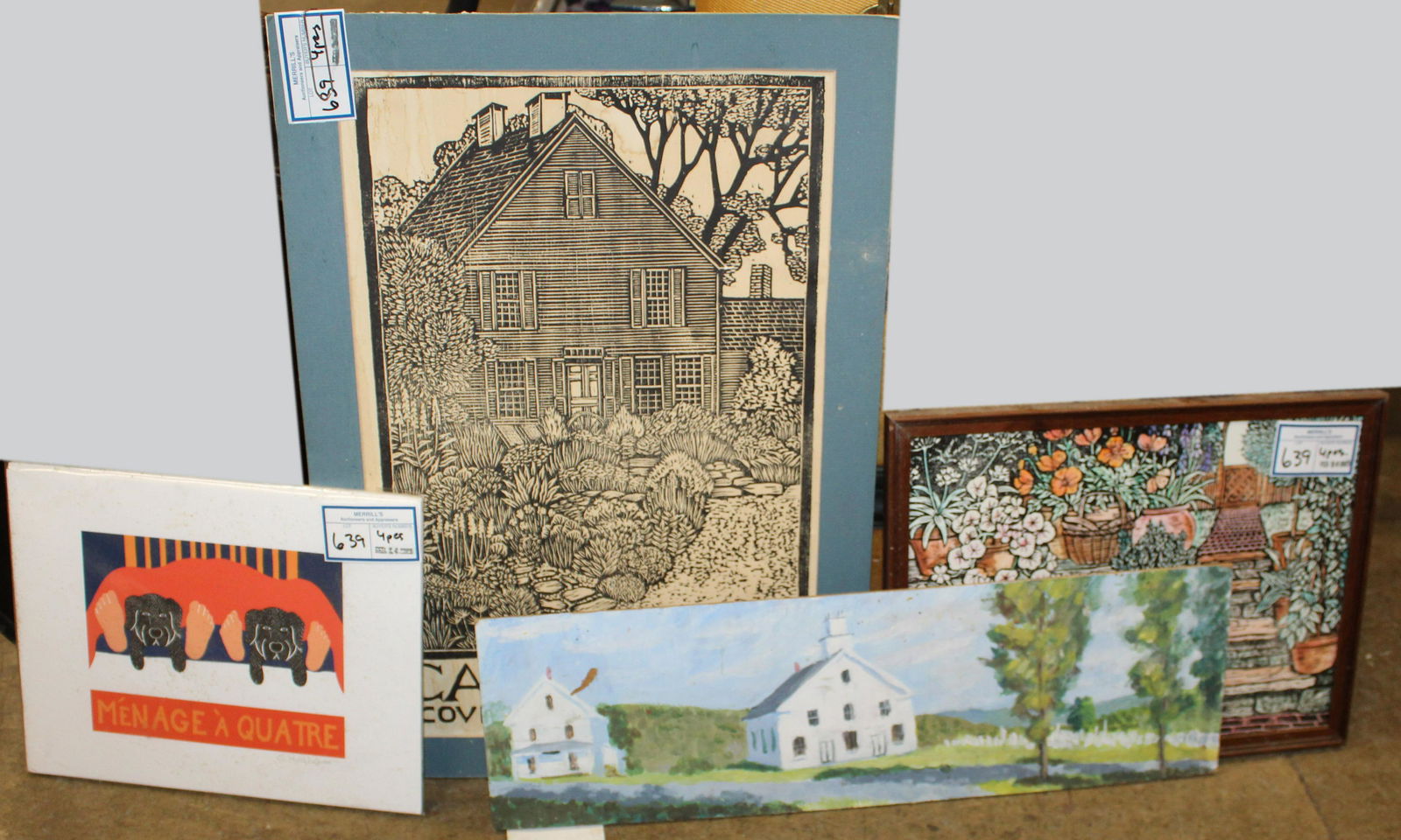 4 pcs. of Vermont Art incl. Huneck, Azarian: 4 pcs. of assorted artworks by local Vermont artists including Mary Azarian woodblock of Caprilands Connecticut, handcolored Mary Azarian print of garden walk, signed Stephen Huneck "Menage A Quatre"