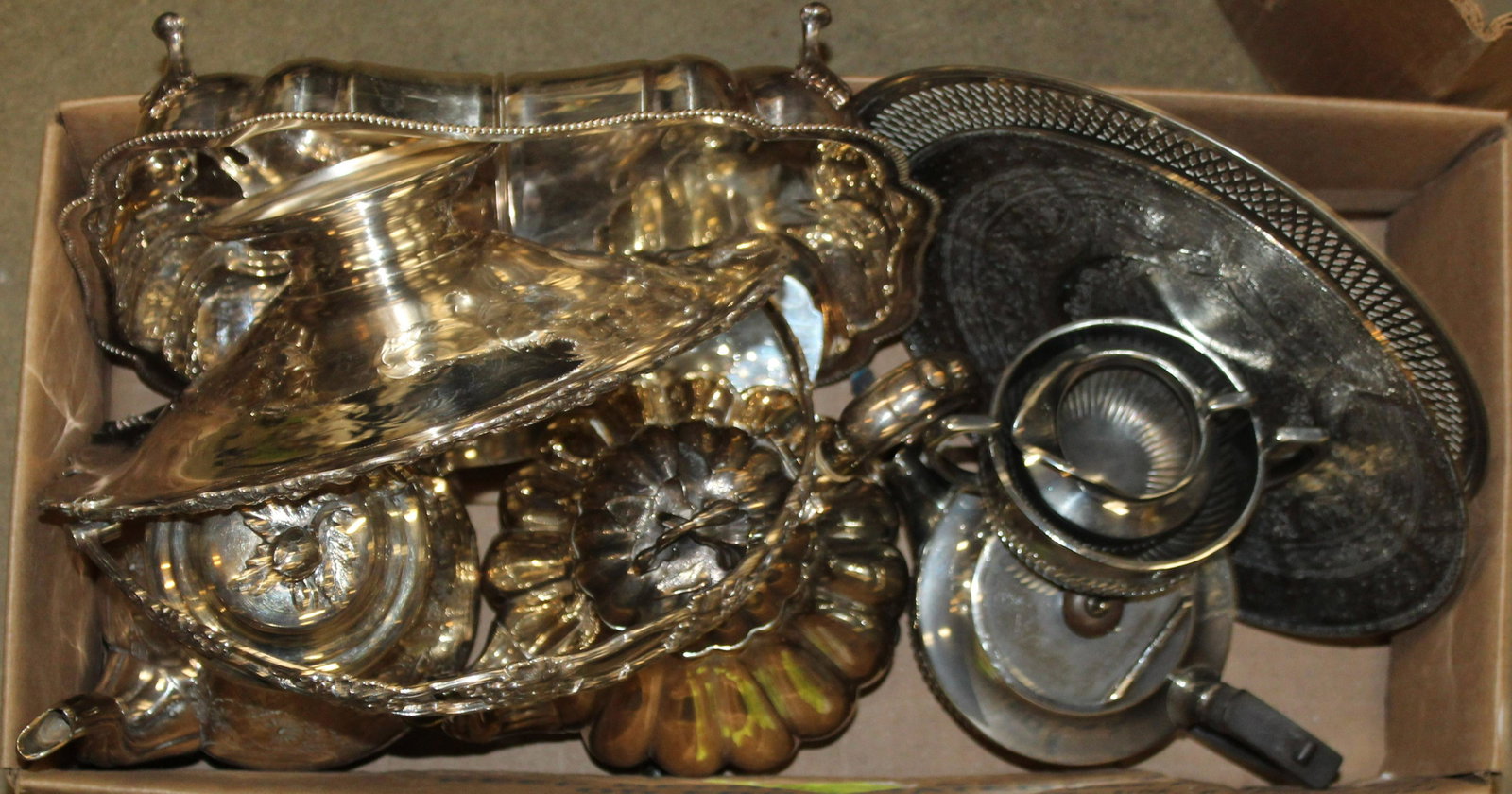 American Silver Plated Holloware: Lot of Silver plated hollowware (9 pcs) including Victorian coffee pot, 3 pc. tea set, trays, etc.