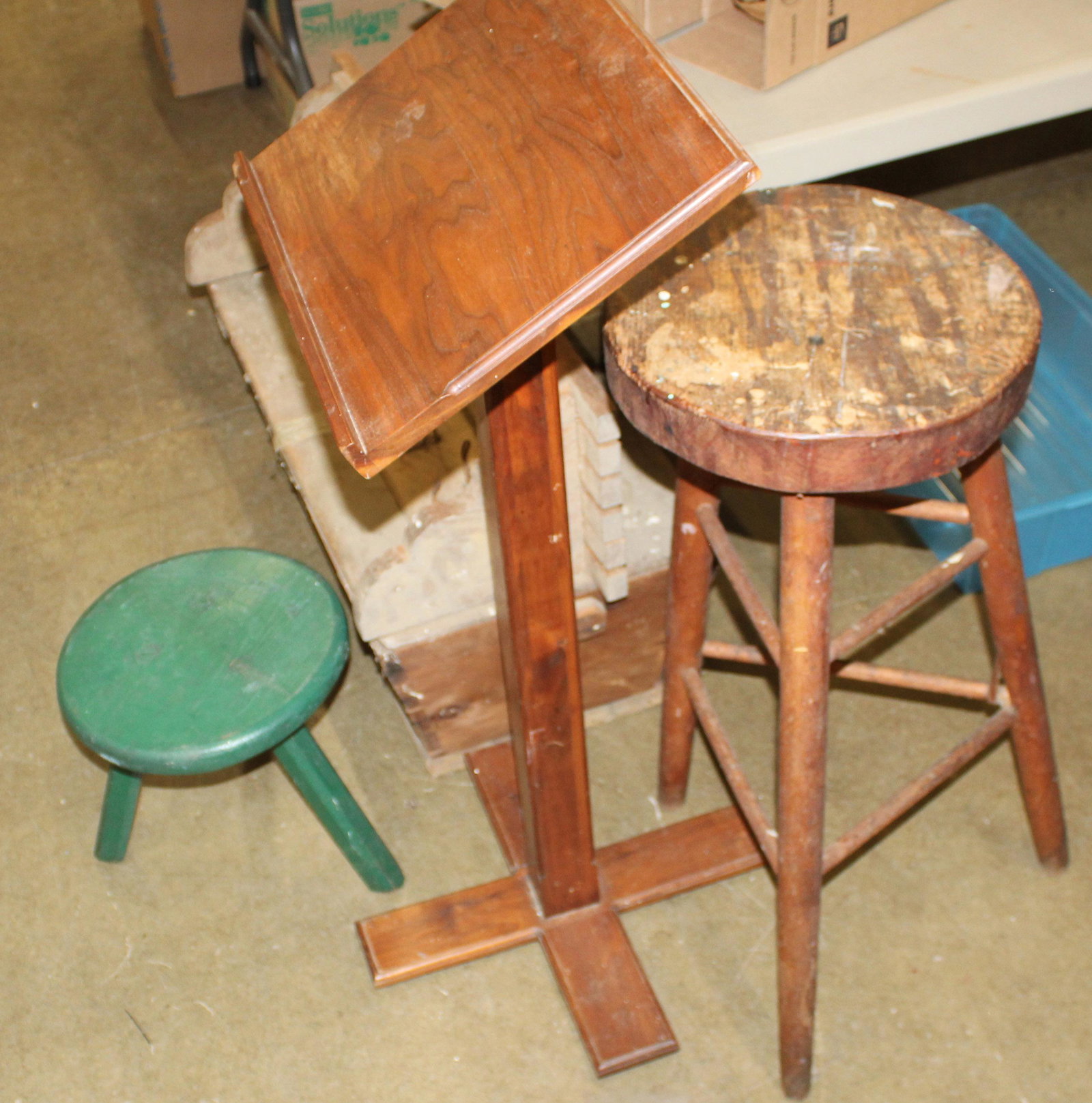 Group of Small Country Furniture: Group of small country furniture, including canted dough box, shelf with shaped brackets, coat hook rack, walnut custom made lectern, 3 legged milking stool in green paint, and 3 legged pine kitchen w