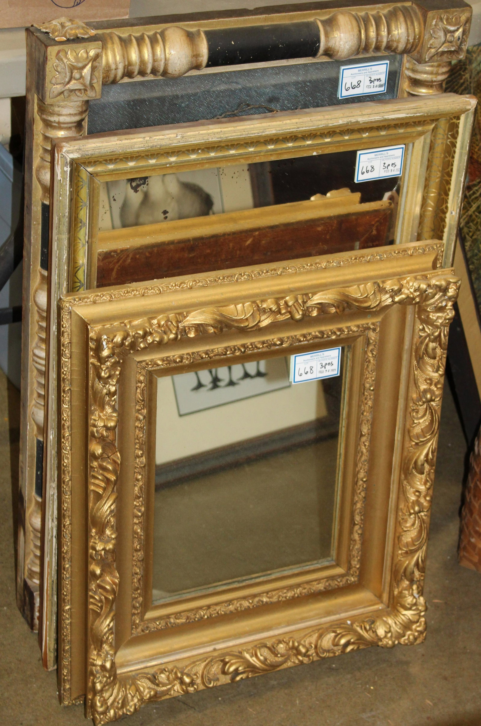 3 19th c. Gilt Frame Mirrors: Group of 3 19th c. mirrors including Sheraton half column mirror, Victorian lemon gold mirror, and late Victorian rococo gilt molded gesso mirror 21.5", 27.5", 31"