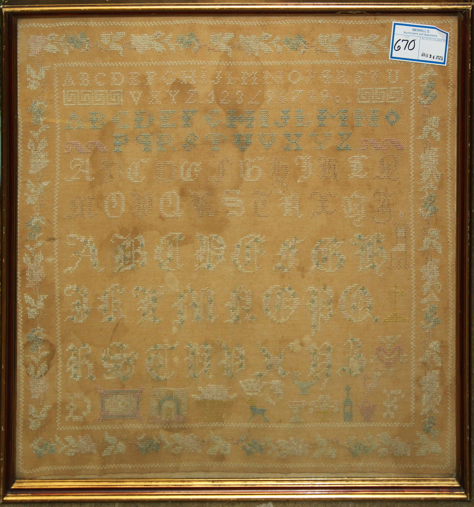 19th c Needlework Sampler: 19th c needlework sampler, unsigned, with crown, probably English or Canadian, with some staining, framed, sight 18" x 19"