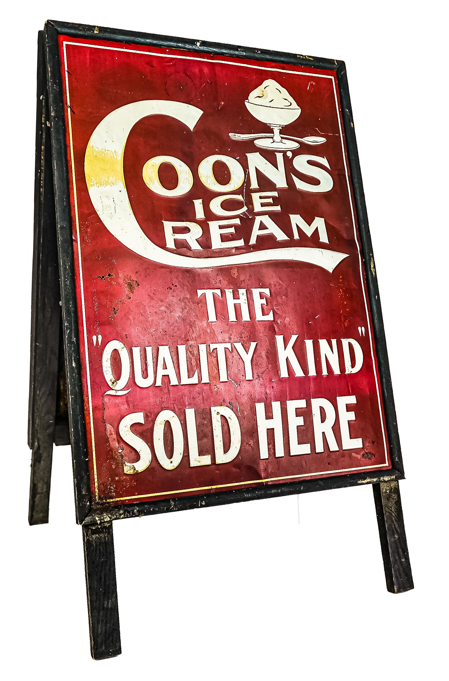 Coon's Ice Cream folding embossed sign: ca. 1920 Coon's Ice Cream Folding Embossed tin advertising sign- one panel in very good overall condition (minor dings and toning), one panel with severe impact damage as shown. 21 x 36"