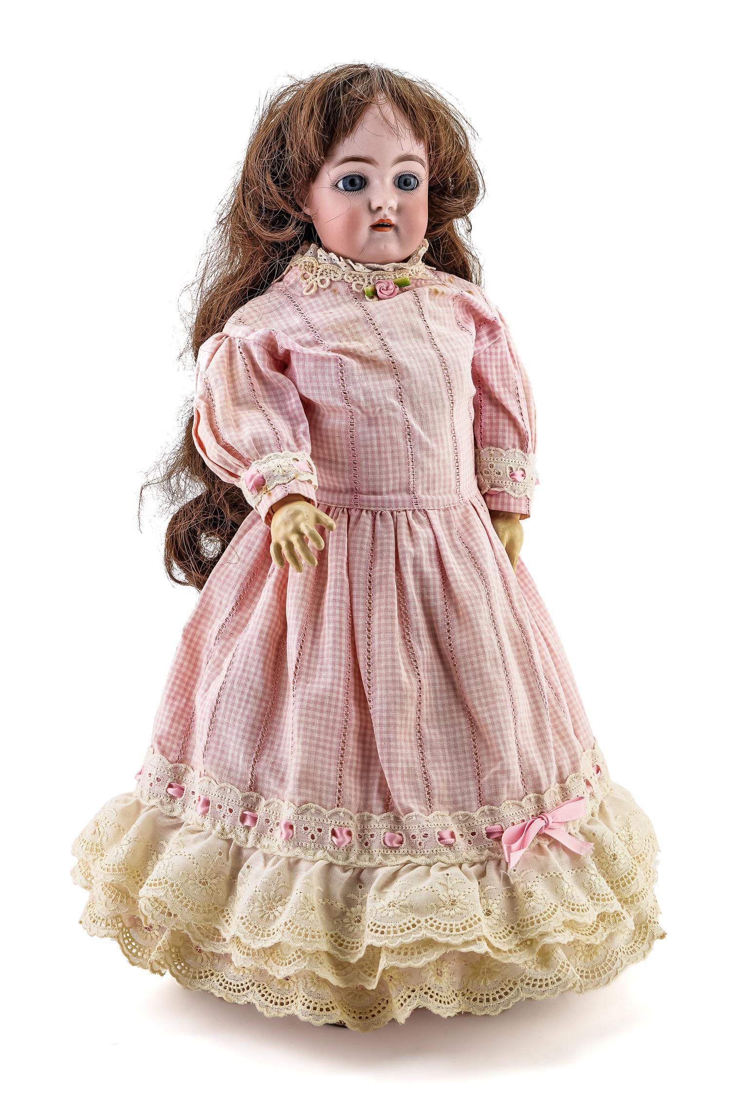 Heinrich Handwerck 79 Bisque Doll: Heinrich Handwerck 79 socket head bisque doll, pierced ears, sleep eyes, open mouth w/ teeth, jointed composition body, fingers retouched, ht 17"