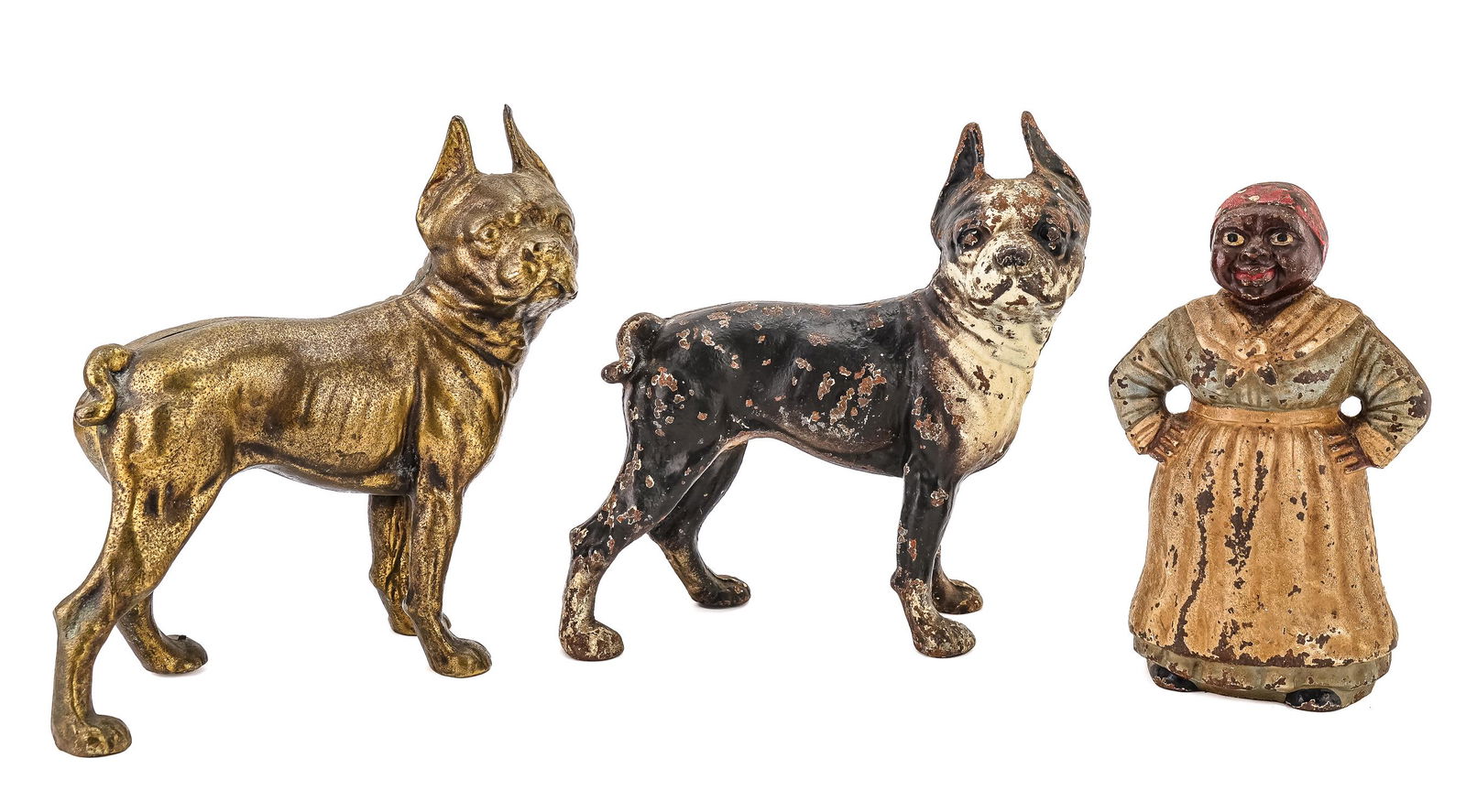 Cast Iron Bulldog and Black Americana Door Stops: Group of three 20th c. cast iron door stops including two bull dogs (one painted, one patinated), and a Black Americana "mammy" door stop ht. 10" x 9", 9" x 5"