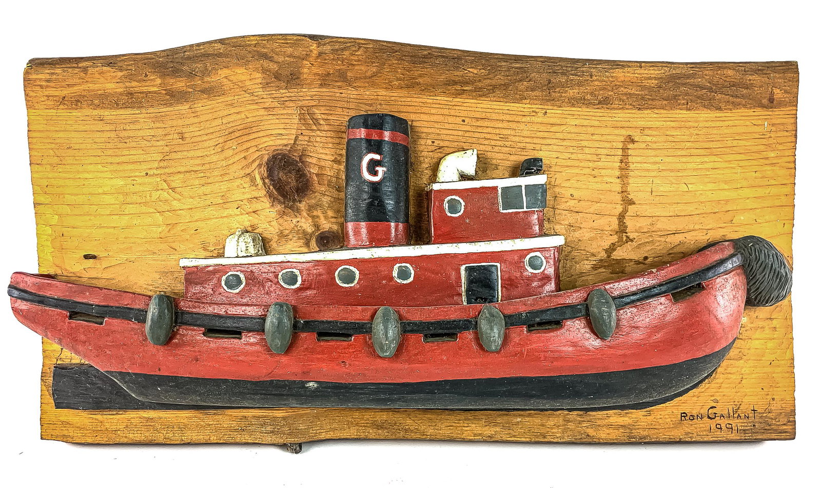 Ron Gallant (VT Contemporary) Tug Boat: Ron Gallant (Vermont Contemporary) naive folk art bas relief wood carving of a tugboat, pine panel with polychrome painted decoration 15 x 30"