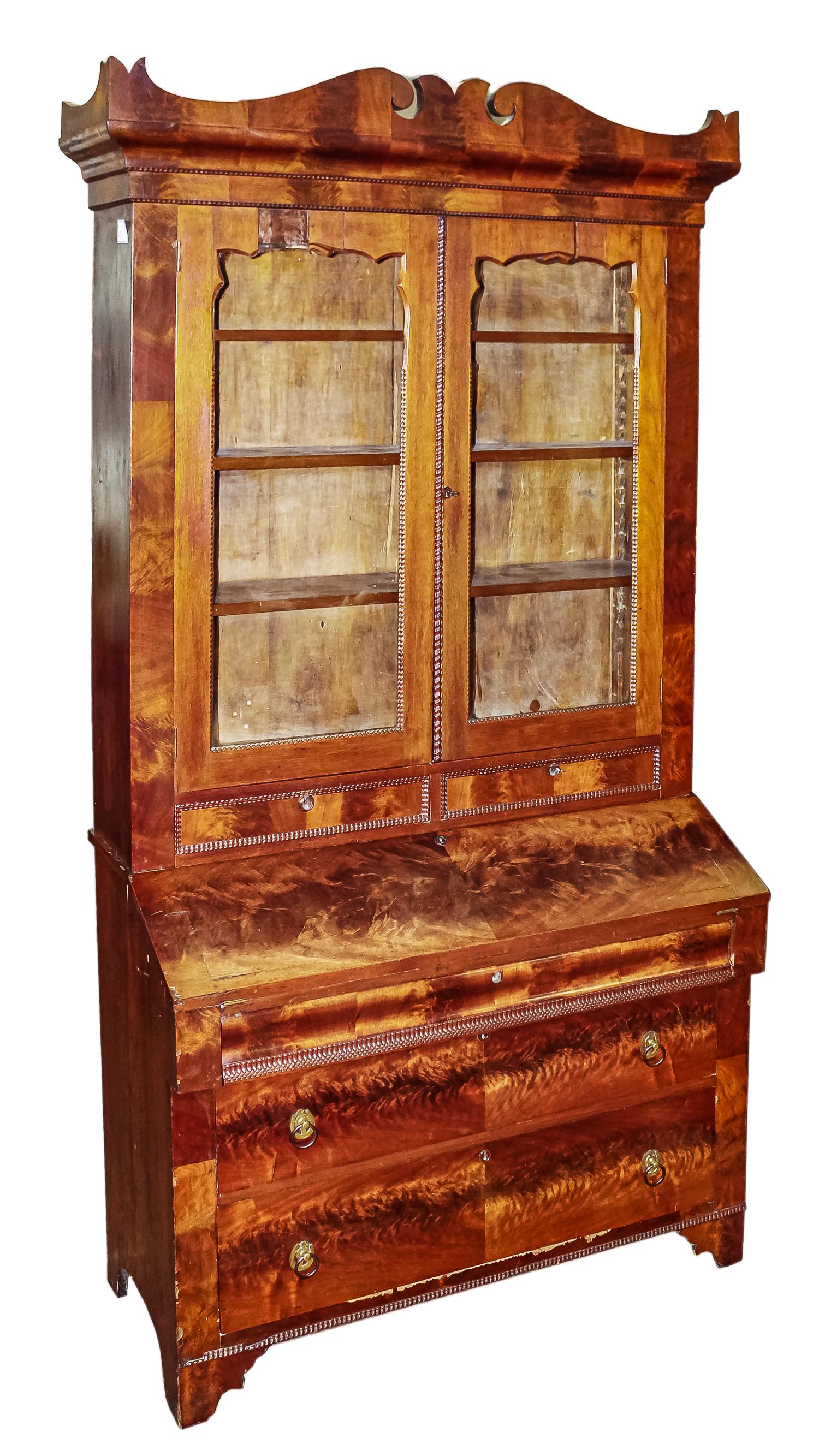 Ca 1845 Empire Mahogany Secretary: Ca 1845 Empire mahogany two part secretary, with impressive shaped cornice molding, two glass doors over 2 drawers, slant lid desk, and 3 lower drawers, in original finish, good color,ht 89",width 45 
