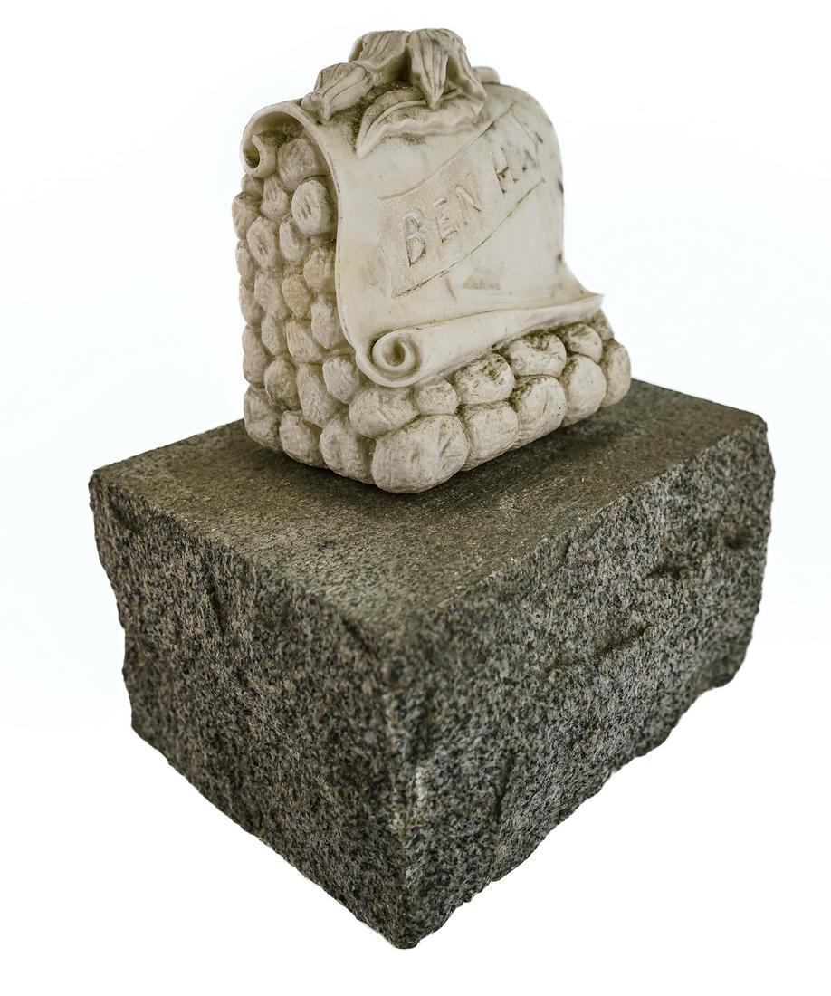 19th c Memorial "Ben H": 19th c Marble Memorial plaque marked "Ben H." with later base marble - 4 x 6 x 5" Granite 9 x 6 x 5"
