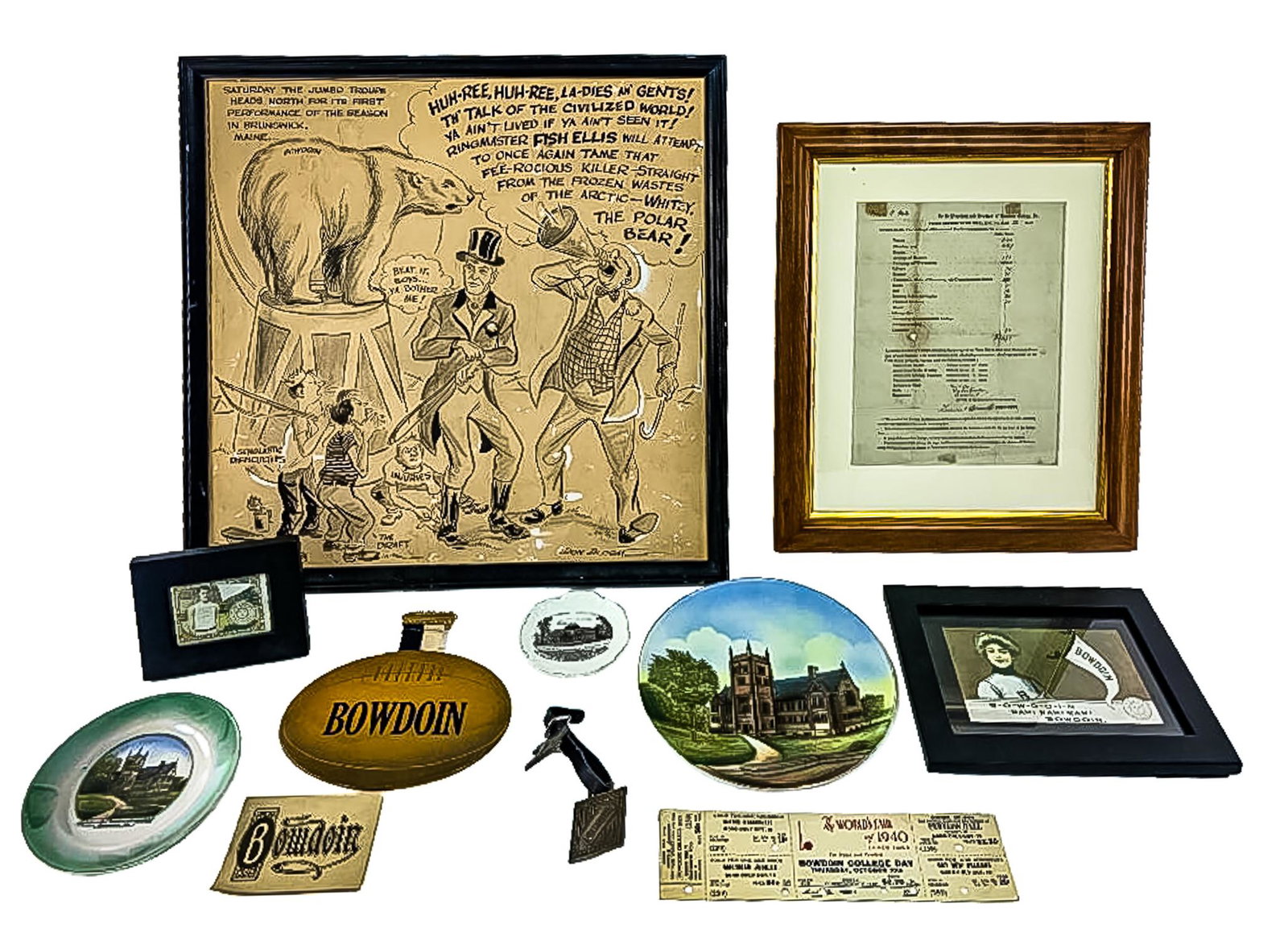 Group of Bowdoin College Ephemera: Don Bloom (AM 1920-2014) Political cartoon with Whitey the Polar Bear ink and gouchae on paper 18 x 18" , Bowdoin ephemera including two bronze ID Tags, Bowdoin Football noismaker pin, Three souvineer