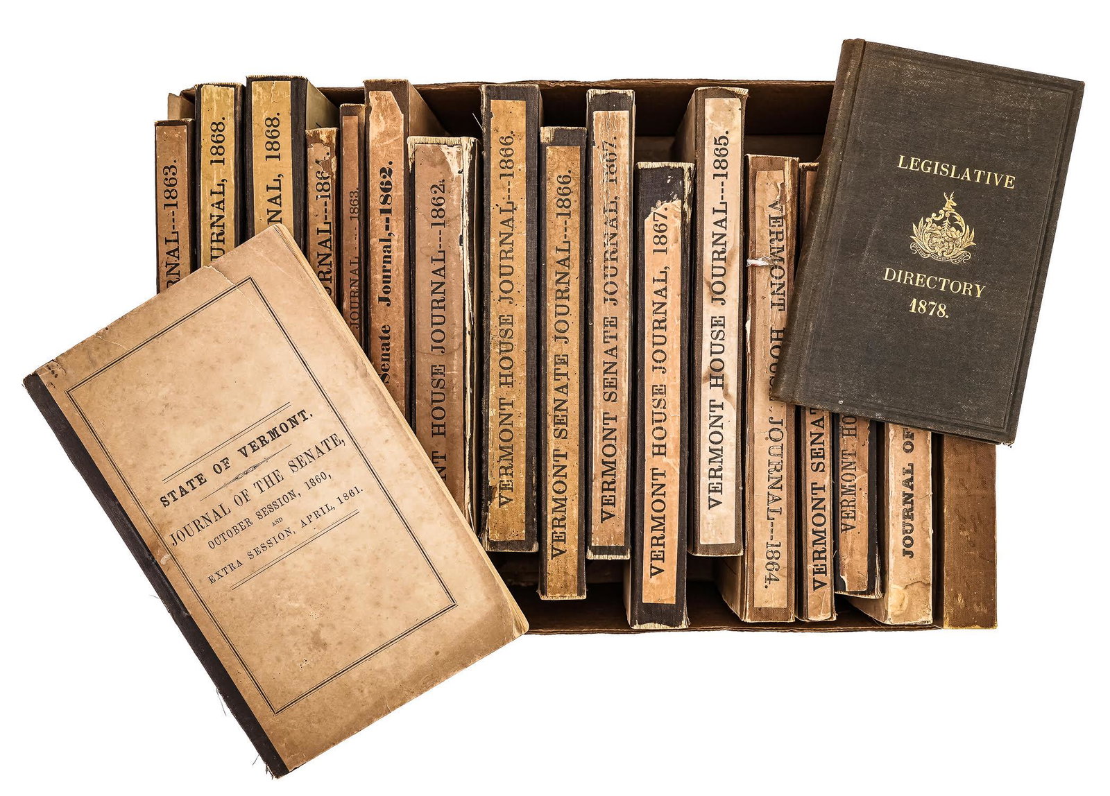 Vermont Legislature Journals: Nineteen volumes of the proceedings of the Vermont State House and Senate, 1850s-60s. ex-UVM library. Some wear of binding, in otherwise good condition.