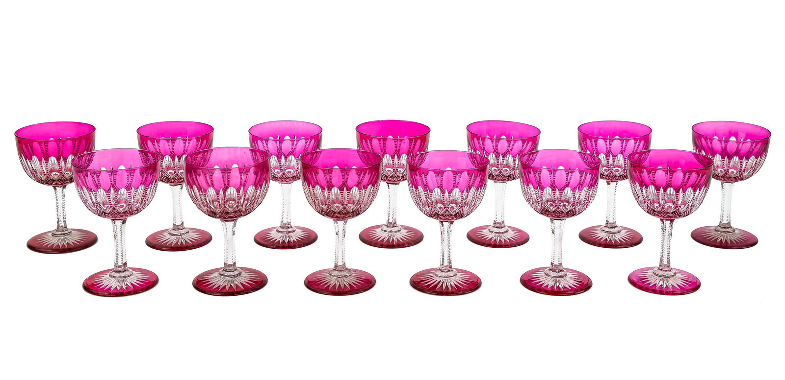 13 Cranberry Cut To Clear Crystal Goblets: Fine set of 13 ca. 1900 cranberry flashed cut to clear brilliant period cut glass dessert wine goblets, possibly by St. Louis or Baccarat, in overall excellent condition 4.5" x 3"