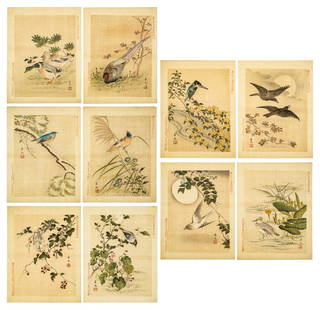 Matsumura Keibun (1779-1843) Bird and Flower Prints: From the series Keibun's Birds and Flowers, ten woodblock prints depicting birds, including crows, Kingfisher, ducks, cranes, among others. Circa 1894. 21 x 27 cm.