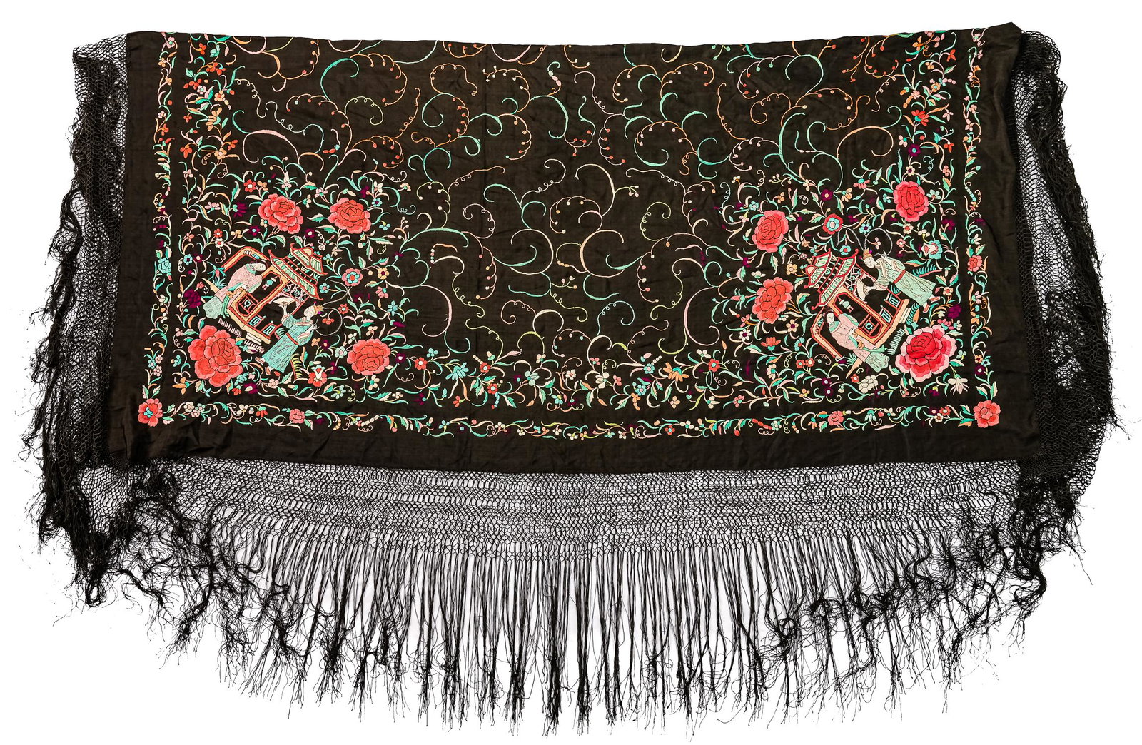 19th c Chinese Embroidered Silk Shawl (1 of 3)