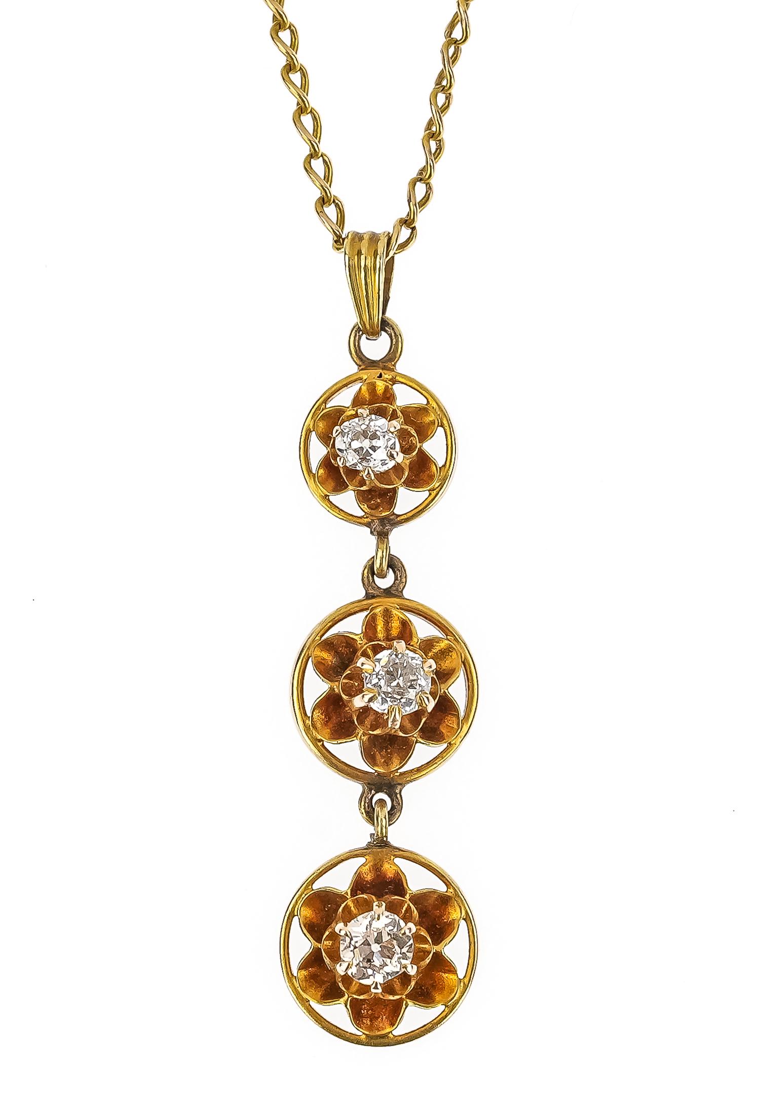 Antique Diamond Necklace: Antique 10k yellow gold chain & pendant having 3 round loops each with a .1 ct, .15 ct., and a .2 ct European round cut diamond. 4.2 grams t.w. 1 1/2" long pendant, 16" chain.