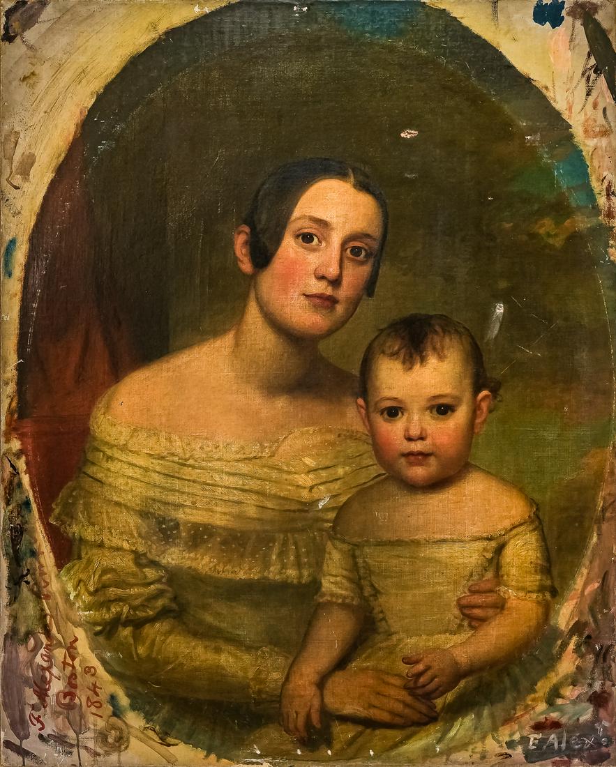 Francis Alexander (AM 1800-1880): Francis Alexander (American 1800-1880) Double Portrait of Mother and Child oil on canvas signed in borders, Boston 1843 canvas relined, painted for spandrel frame, currently unframed, 36 x 29"
