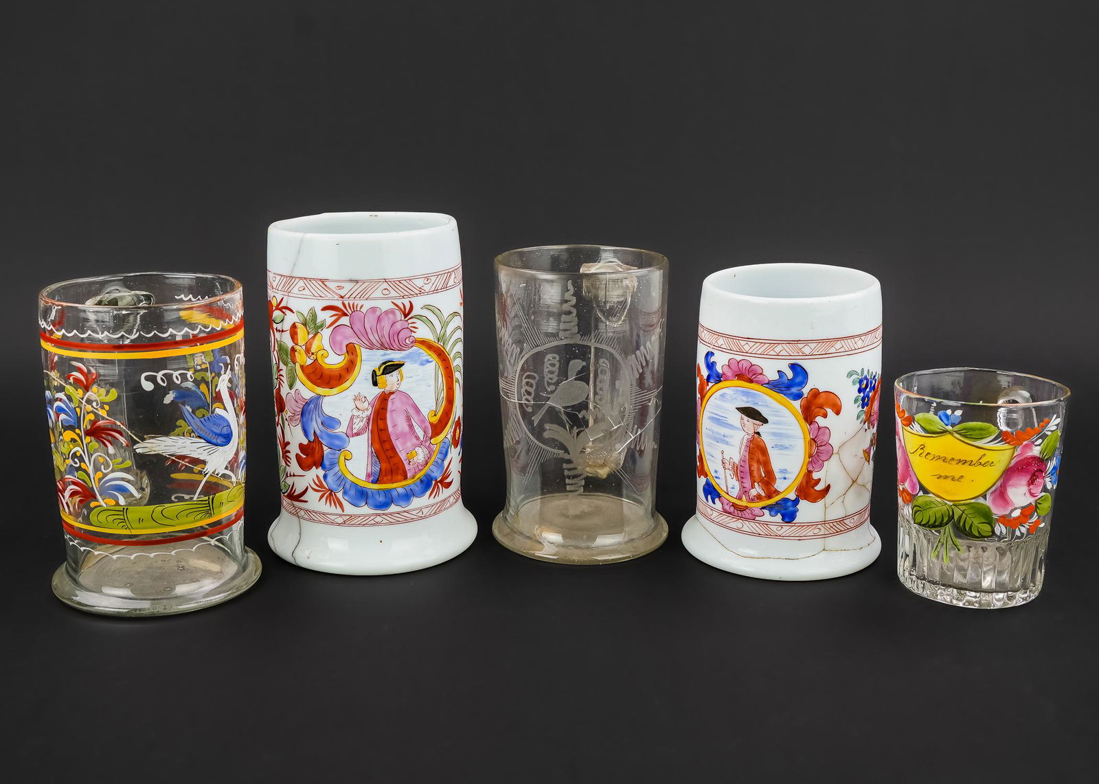 Collection of 5 Stiegel Type Enameled Glass Mugs (1 of 4)