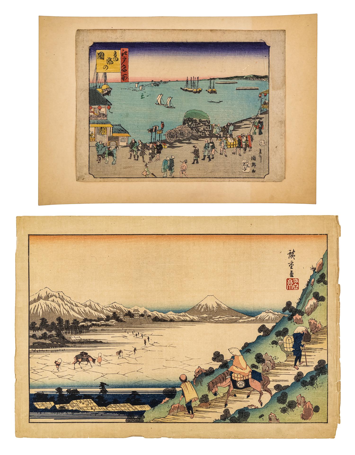 Unidentified Antique Ukiyo-e Print: Coastal port town scene in the style of Hiroshige by an unidentified artist, with censor stamp. 22x16.5cm