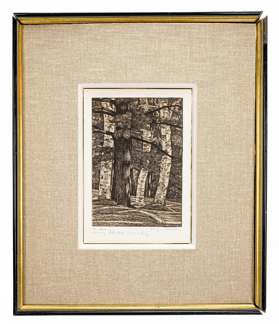 Luigi Lucioni (VT 1900-1988): Luigi Lucioni (Vermont 1900-1988) Engraving of birches and a cedar 4 x 6" signed lower margin inscribed to Irene Merry Christmas 1968 Luigi - most likely published by AAA New York- framed but not behi