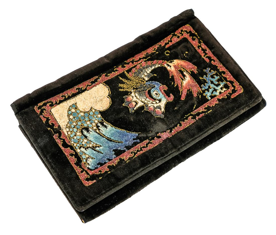 Japanese Art Deco Bead Decorated Wallet: Art Deco Japanese chocolate brown velvet wallet with fine colored bead decoration of fish and wave. 8" x 5". Snap clasp, double pocket interior. Some wear, age appropriate.