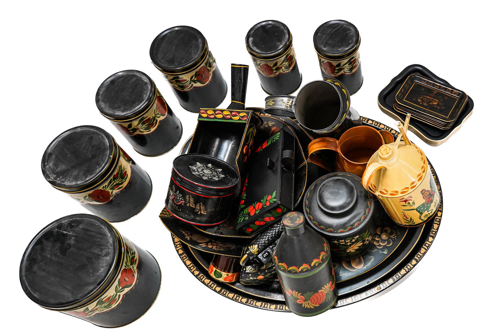 Collection of Toleware Paint Decorated Tin Items (1 of 2)