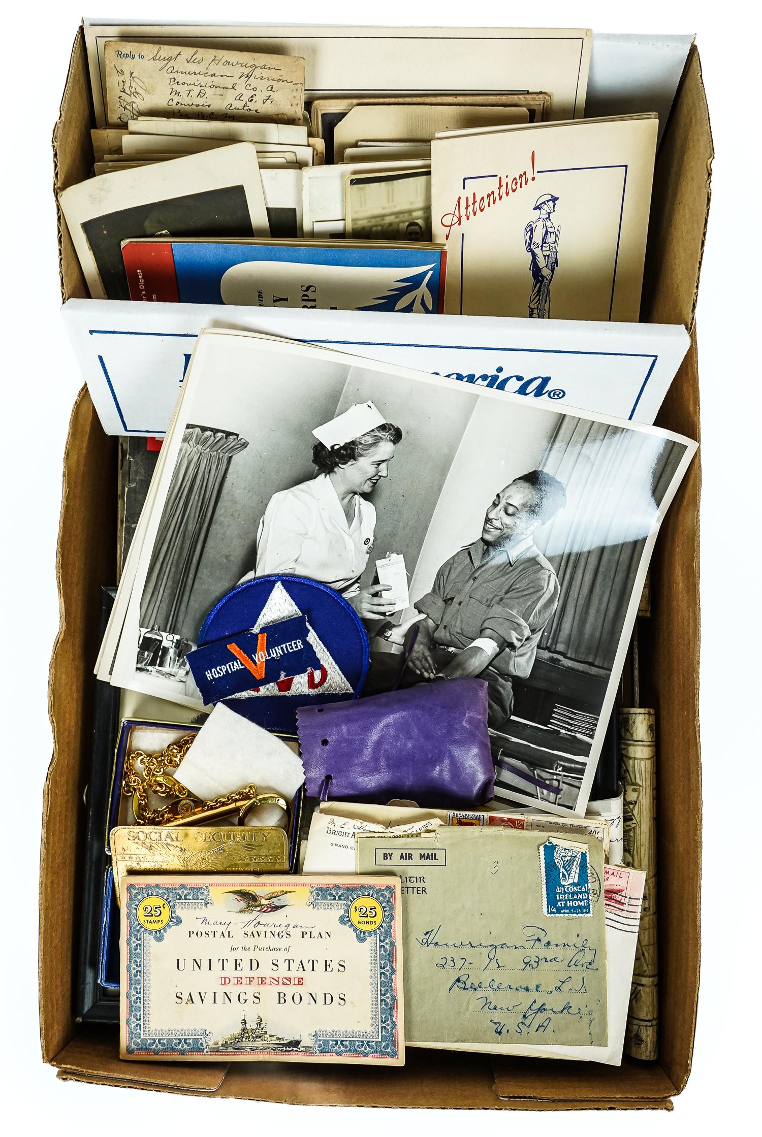 World War II Ephemera and Collectibles: Lot of World War II ephemera and collectibles relating to the service of James B. Boisseau, including dog tags, service medal, savings bonds, letters, Japanese bone sheathed small sword, some World Wa
