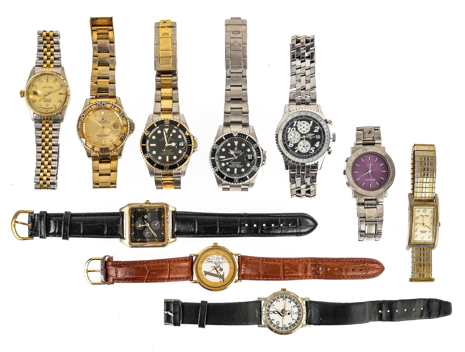 Men's Wrist Watches: A group of 10 men's wrist watches including 4 fake Rolex (only one works) fake Breitling (running)