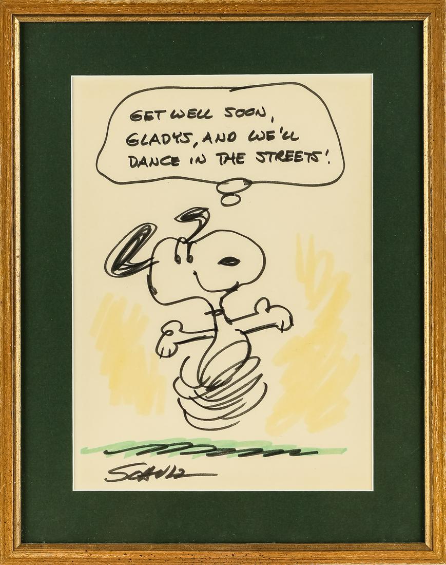Charles M Schulz (AM 1922-2000) Get Well Soon.: Charles Schulz (American 1922-2000) Get Well Soon, Gladys and we'll dance in the Streets!" hand written get well card with image of Snoopy. Executed in marker on paper, some toning, and fading. Signed