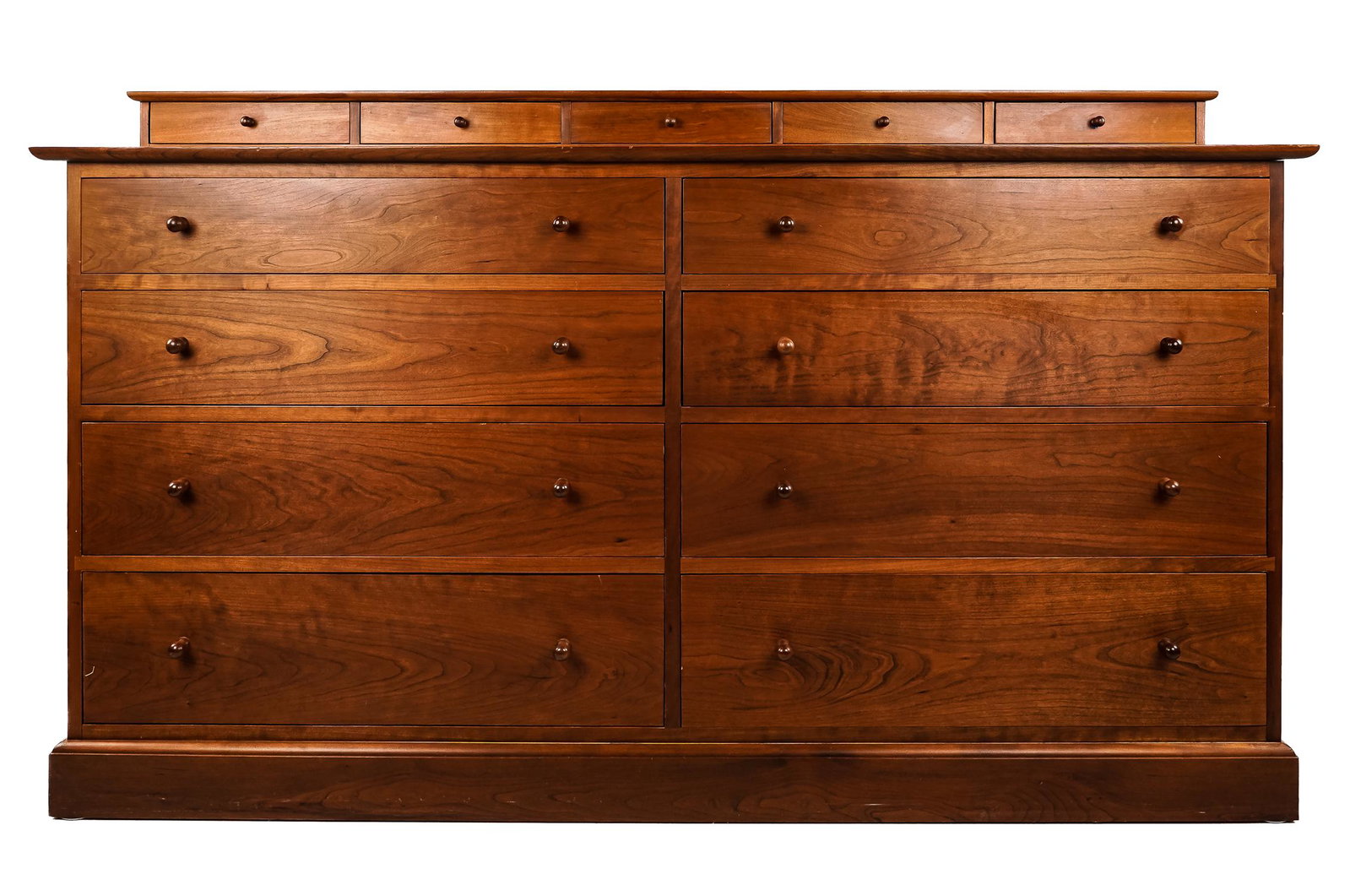 Stickley Cherry Low Dresser: Stickley Bros Cherry low dresser with deck of 5 small drawers over eight larger drawers. 36 x 66 x 20"