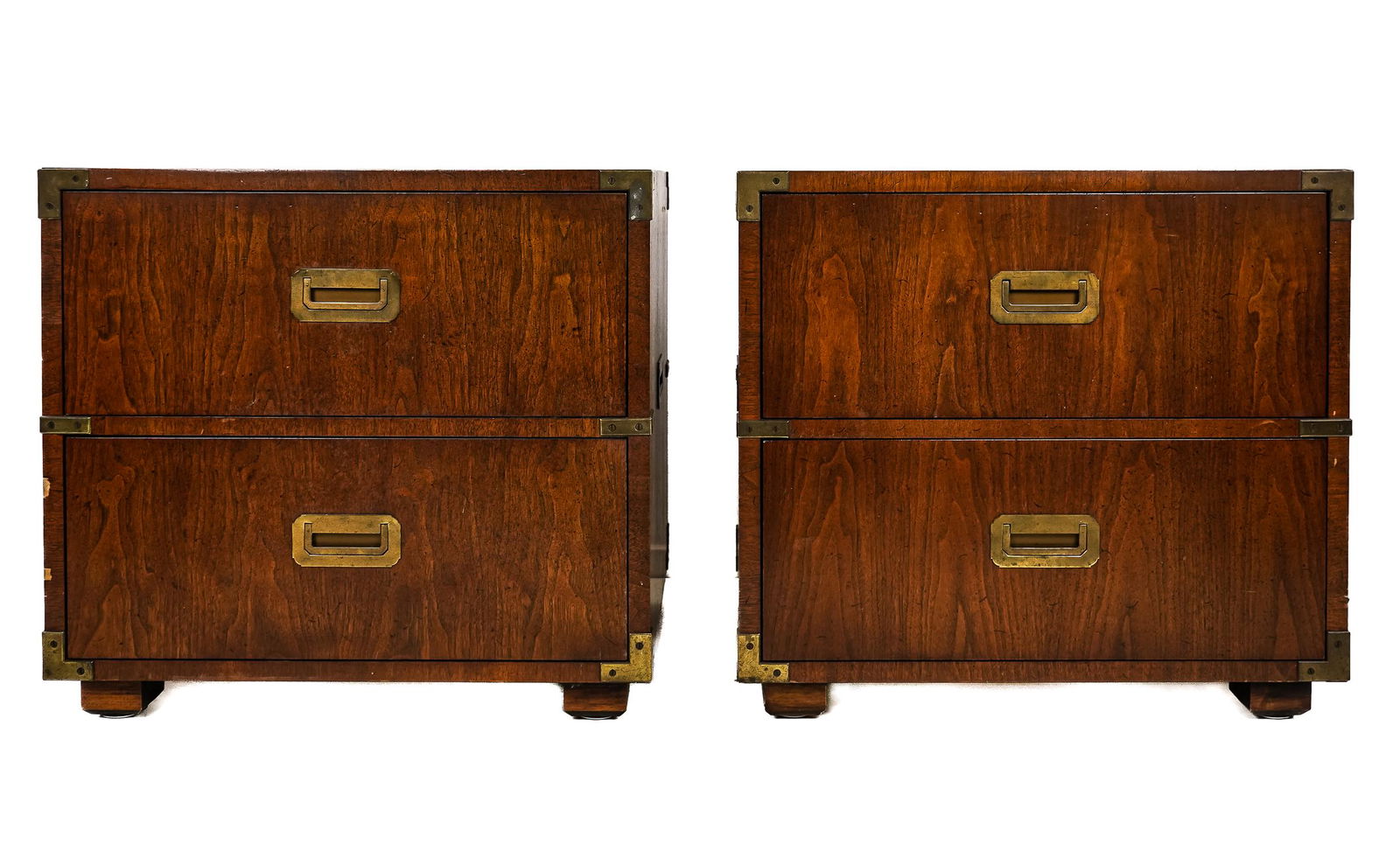 Henredon Fine Furniture Campaign Style End Tables: Henredon Fine Furniture end tables or bedside tables in bound campaign style branded inside top drawer 22 x 20 x 19"