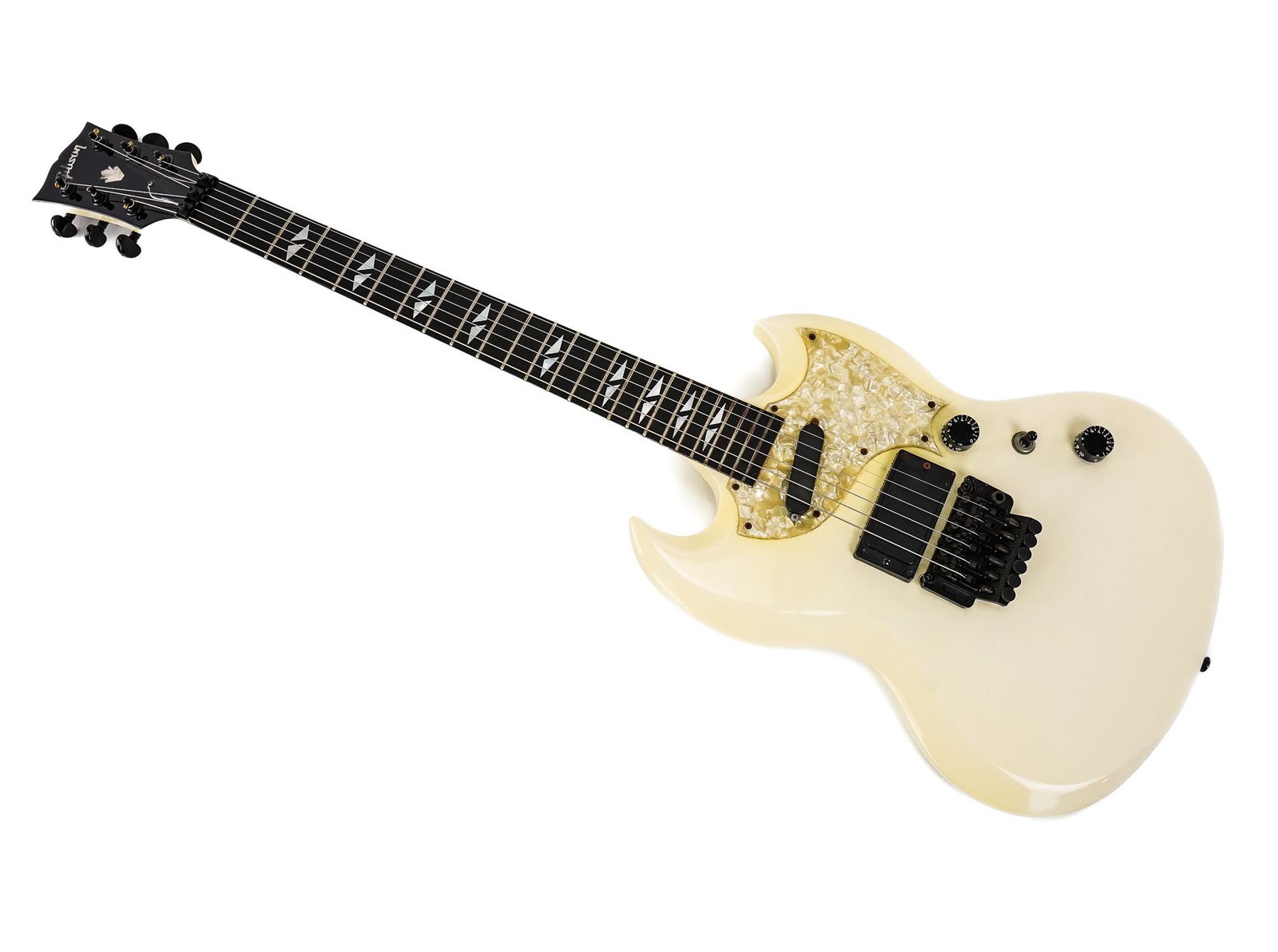 1989 Gibson SG 90 Double Electric Guitar: 1989 Gibson SG 90 Double Electric Guitar in Alpine White Finish Serial number 80329562 (indicating Feb 1 1989 mfg) with Gibson branded Floyd Rose Tremolo/Vibrato (will need set up) missing arm and wre